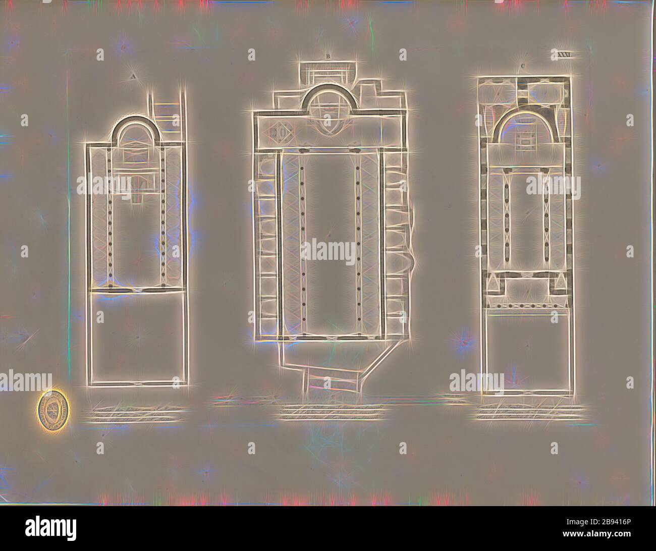 Piani delle chiese romane 2, A: Piano della Chiesa di S. Martino, B: Piano della Chiesa di S. Maria in Aracoeli, C: Piano della Basilica di S. Croce in Gerusalemme, firmato: IG G, Taf. XXXI, a pag. 6, Christian Karl Josias von Bunsen: Die Basiliken des christlichen ROM: Nach ihrem Zusammenhange mit Idee Geschichte der Kirchenbaukunst. Bd 2. München: Literarisch-artistische Anstalt der J. G. cotta'schen Buchhandlung, [1824], Reimagined by Gibon, disegno di caldo allegro incandescente di luminosità e di irradiazione di raggi di luce. Arte classica reinventata con un tocco moderno. Fotografia ispirata al futurismo, Foto Stock