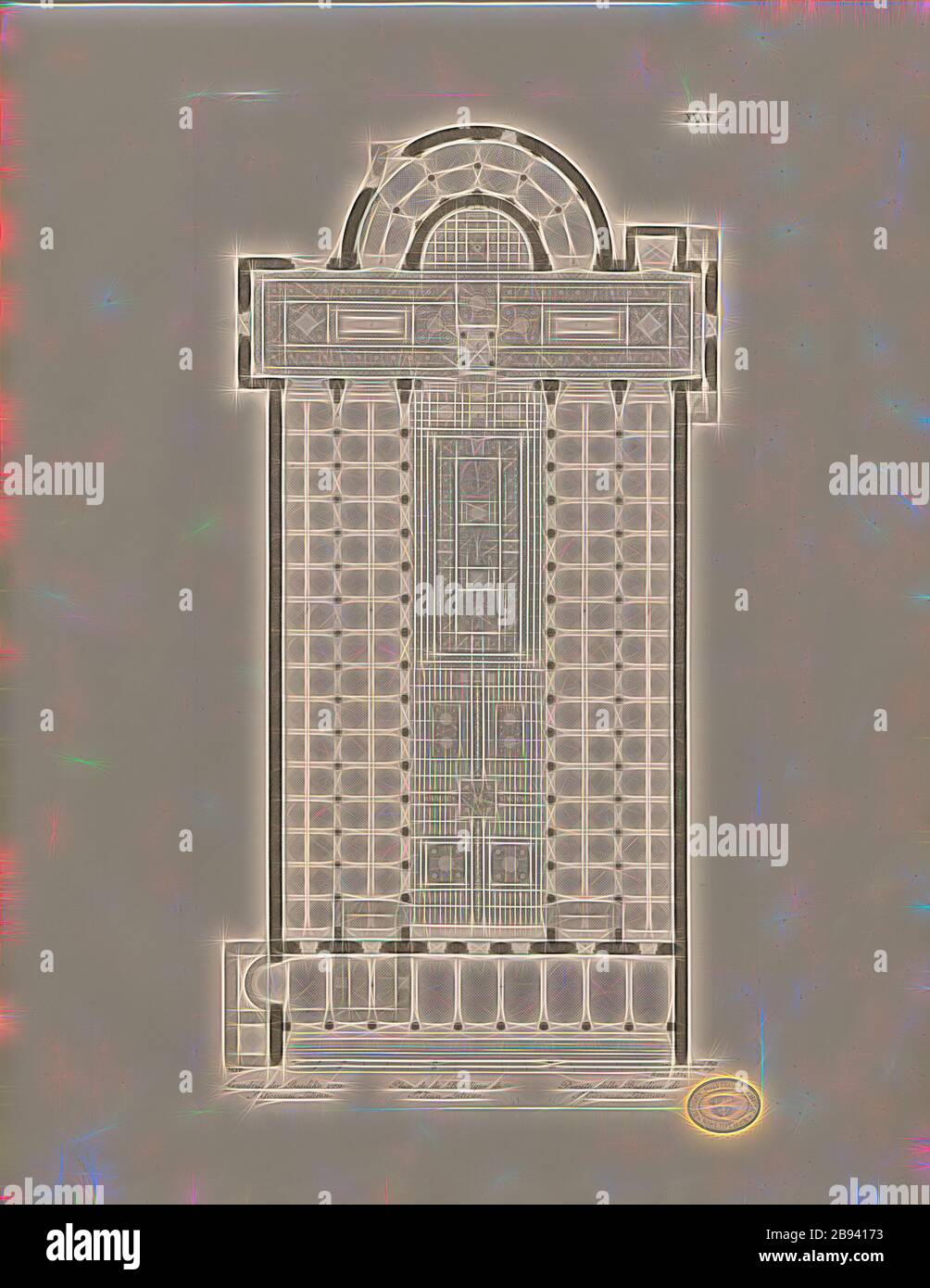 Pianta della Basilica di S. Giovanni Laterano, piano della Basilica Lateranense di Roma, firmato: MKPP, Taf. XXXV, dopo pag. 6, Knapp, I. M. (dis.), Christian Karl Josias von Bunsen: Die Basiliken des christlichen ROM: Nach ihrem Zusammenhange mit idee und Geschichte der Kirchenbaukunst. Bd 2. München: Literarisch-artistische Anstalt der J. G. cotta'schen Buchhandlung, [1824], Reimagined by Gibon, disegno di caldo allegro incandescente di luminosità e di irradiazione di raggi di luce. Arte classica reinventata con un tocco moderno. Fotografia ispirata al futurismo, che abbraccia l'energia dinamica della tecnologia moderna, mov Foto Stock