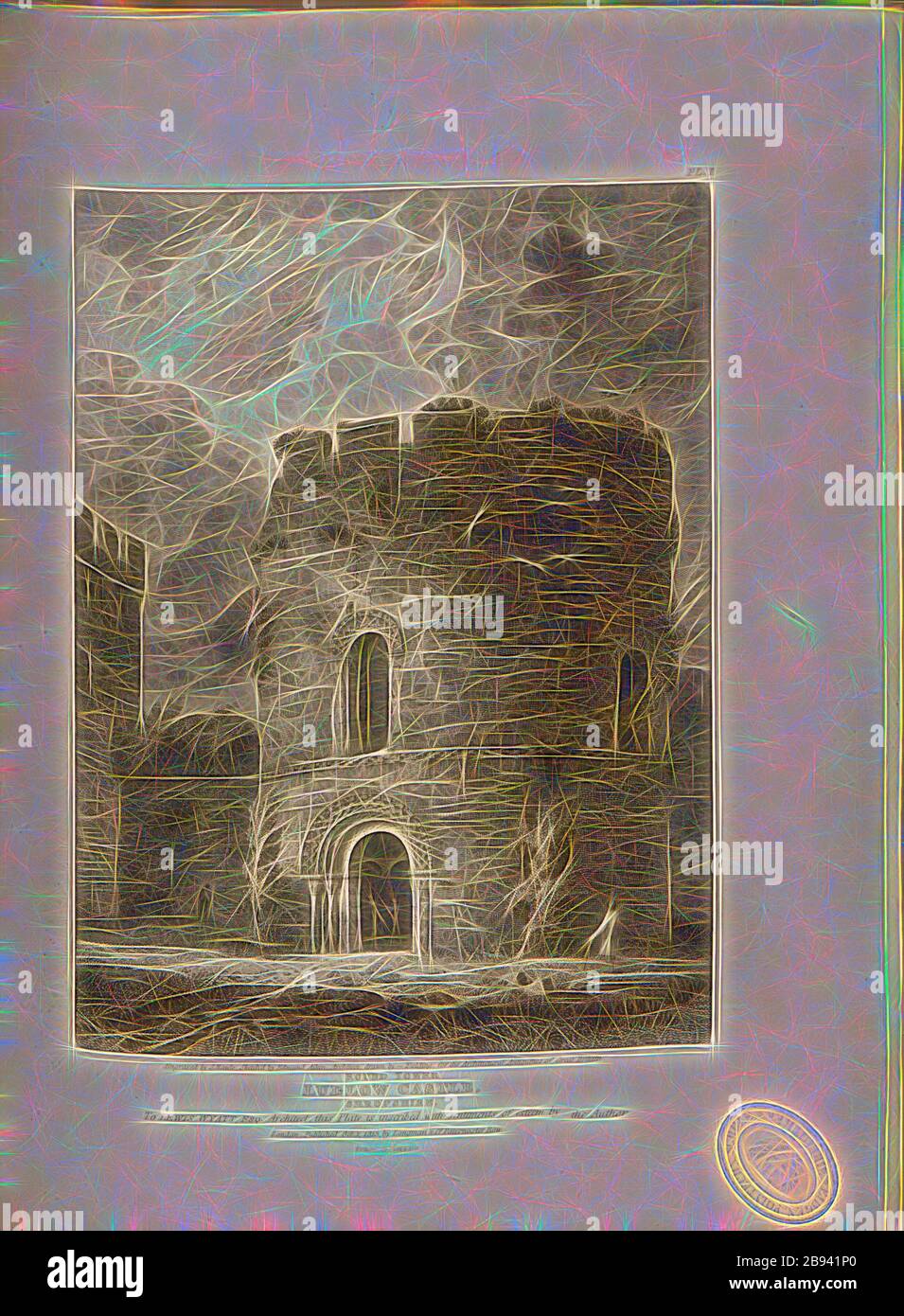 Torre rotonda Ludlow Castle, Shropshire, Cappella di Santa Maria Maddalena del castello di Ludlow nello Shropshire, firmata: Inciso da S. Rawle, disegnato da Edmund Aikin, pubblicato da Longman & Co, Fig. 42, Pl. I, dopo p. 129, Aikin, Edmund (schizzo), Rawle, Samuel (incisione), Longman & Co. (Pubblicato), 1813, John Britton: Le antichità architettoniche della Gran Bretagna: Rappresentate ed illustrate in una serie di viste, elevazioni, piani, sezioni e dettagli di vari antichi edifici inglesi: Con testimonianze storiche e descrittive di ciascuno. Bd 4. Londra: J. Taylor, 1807-1826, Reimaged by Gibon, design Foto Stock