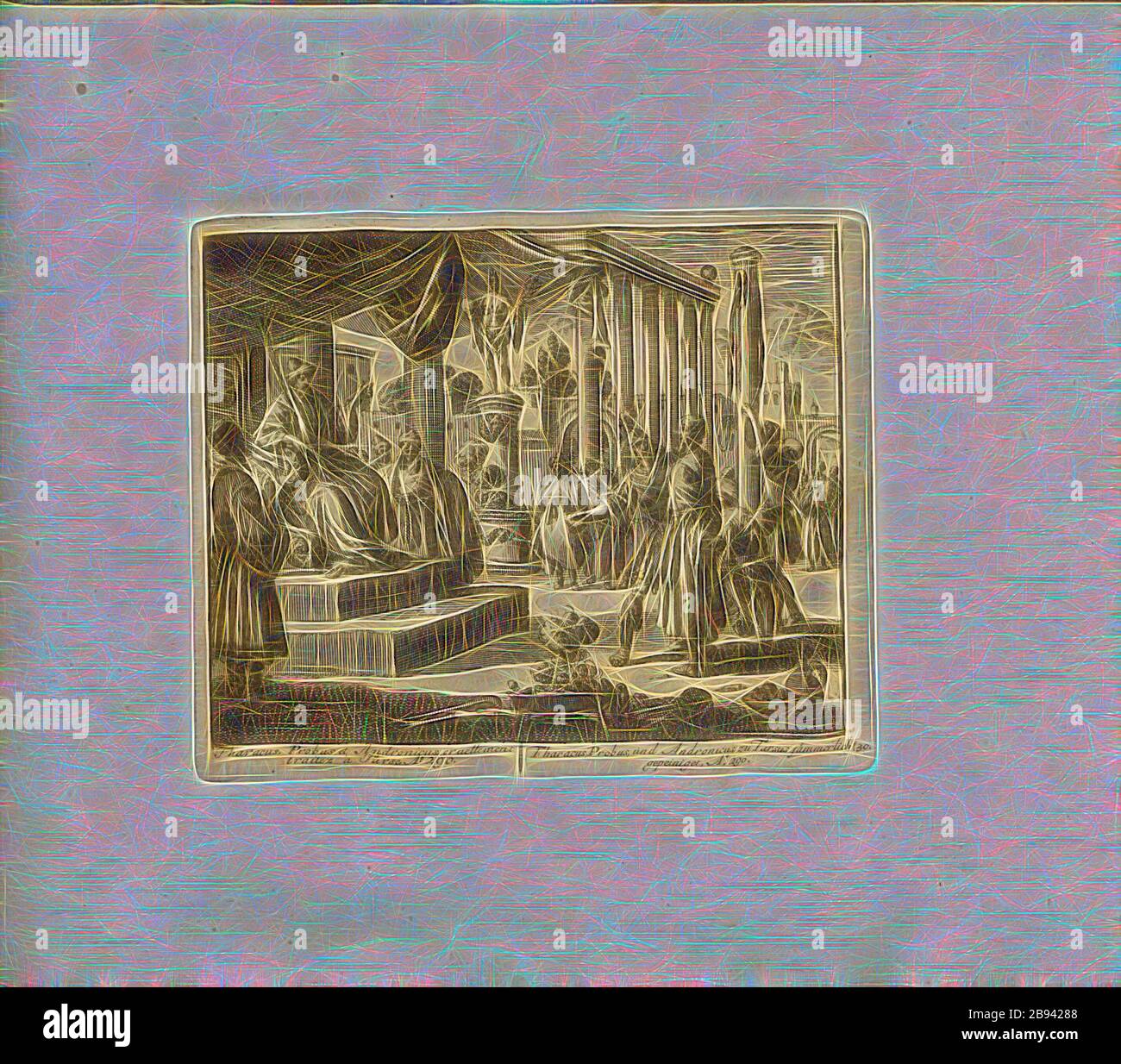 Tharacus, Probus e Andronicus, crudelly treat a Tarso, anno 290, titolo parallelo: Tharacus, Probus, e Andronicus, miseramente tormentato a Tarso, A nn o 290, incisione su copperplate, 30.), p. 69, Luyken, Jan (inv. Et fec.), Jan Luyken: Théâtre de la martyqu'is: à Représenté en très belles tailles-douces = Schau-Bühne der Martirer, gezeichnet, in Kuppfer gestochen. Leyde: chez Pierre Van der AA, [1711], Reimagined by Gibon, design di calda allegra luce di luminosità e raggi di luce radianza. Arte classica reinventata con un tocco moderno. Fotografia, insp Foto Stock