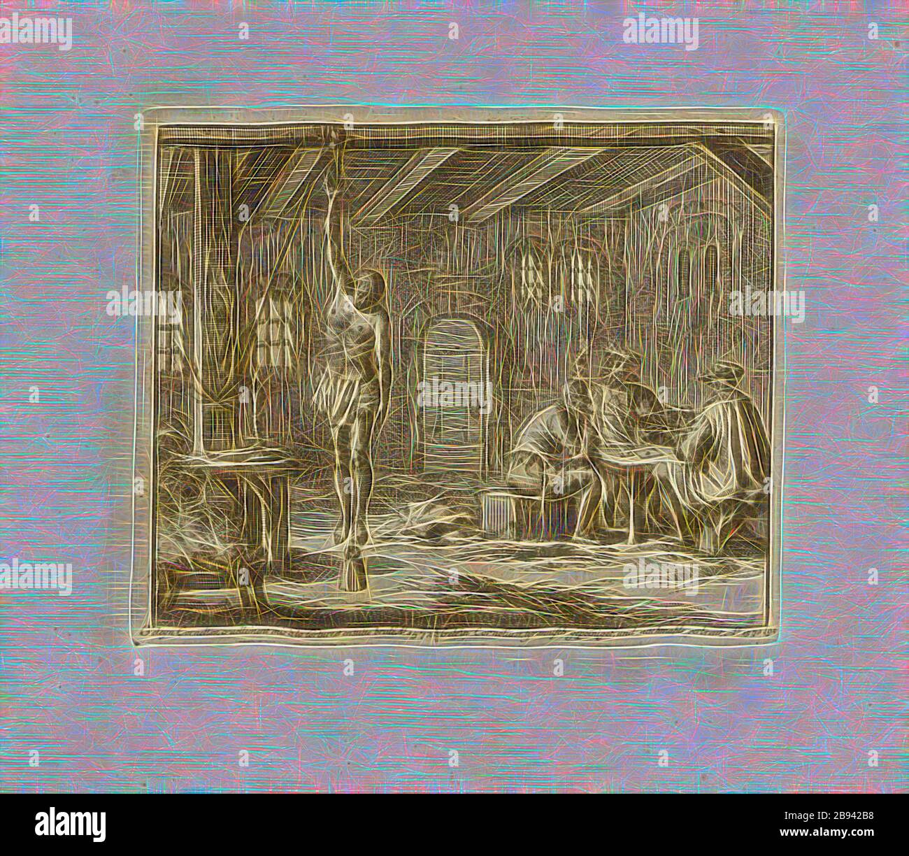 Geleyn Cornelisz, crudelmente messo alla tortura, e poi bruciato anno 1572, titolo parallelo: Gelein Cornelius, tirannicamente tormentato, e retrogusto, A n o 1572, copperplate, 82.), p. 193, Luyken, Jan (inv. Et fec.), Jan Luyken: Théâtre des martyrs: Depuis la mort de Jusqu'exc à. Représenté en très belles tailles-douces = Schau-Bühne der Martirer, gezeichnet, in Kuppfer gestochen. Leyde: chez Pierre Van der AA, [1711], Reimagined by Gibon, design di calda allegra luce di luminosità e raggi di luce radianza. Arte classica reinventata con un tocco moderno. Fotografia ispirata a fut Foto Stock