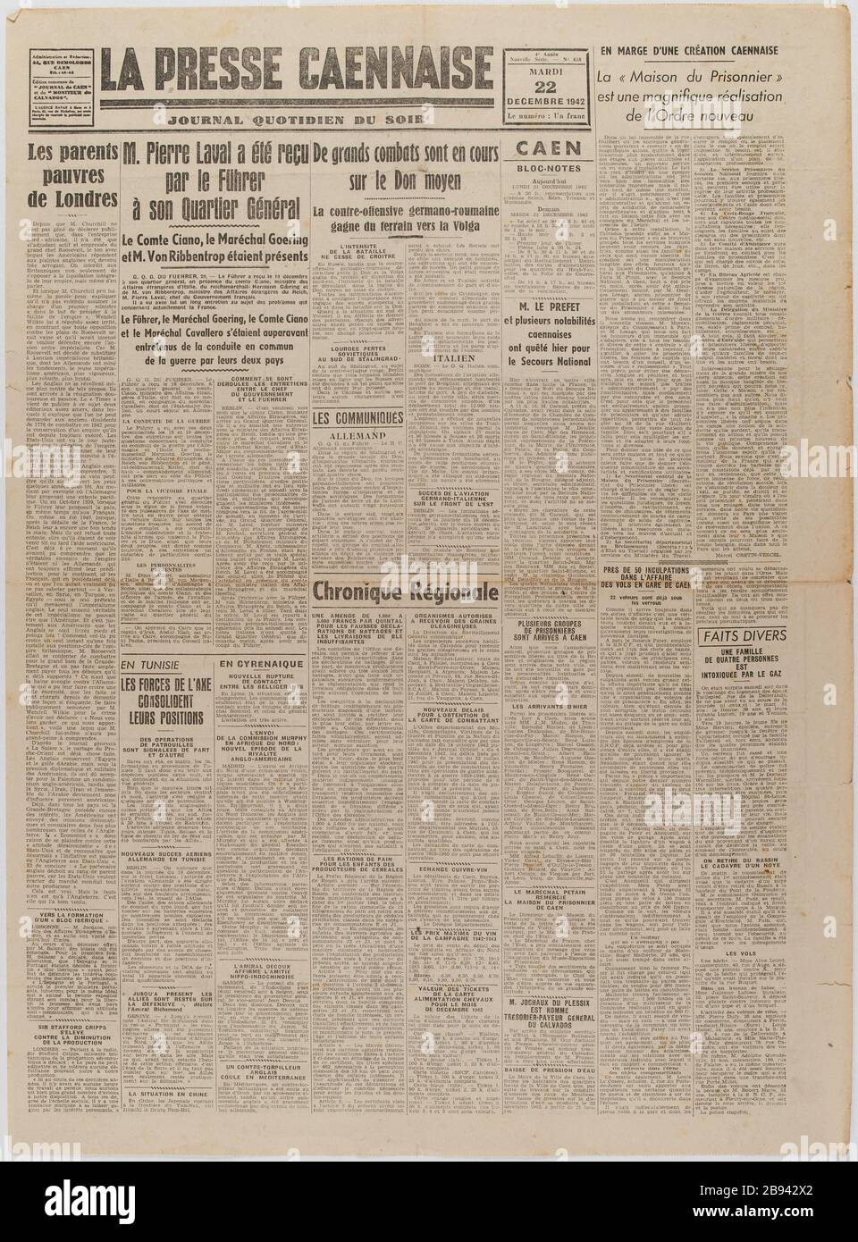 Giornale 'la Presse Caennaise' del 22 dicembre 1942 Journal 'la Presse Caennaise' du 22 décembre 1942. Carta imprimé, 1942. Musée du Général Leclerc de Hauteclocque et de la Libération de Paris, musée Jean Moulin. Foto Stock