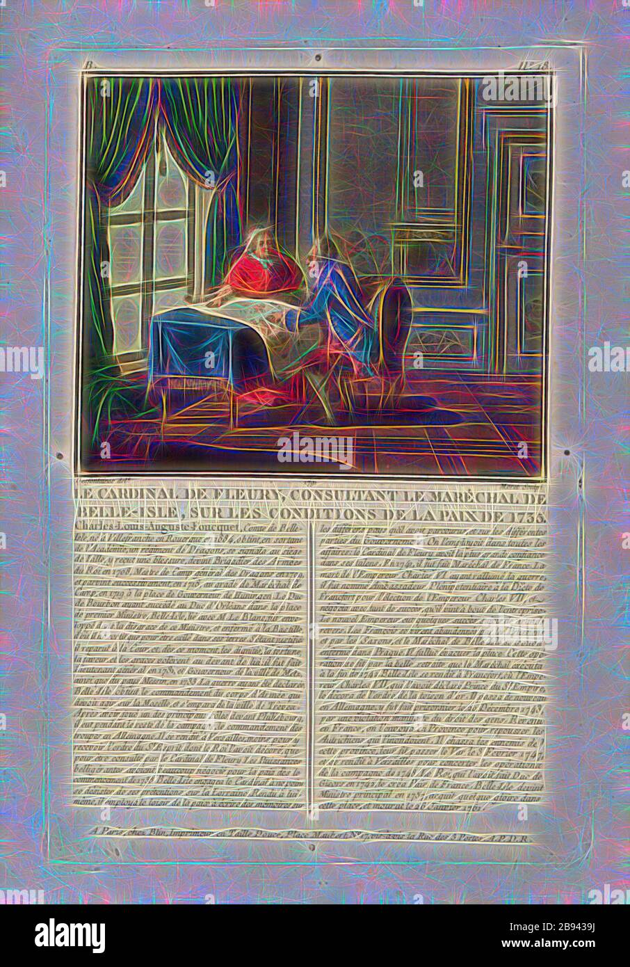 Il Cardinale de Fleury, consultando il Marshal Belle-Isle, sulle condizioni di pace del 1735, Charles Louis Auguste Fouquet de Belle-Isle e il Cardinale André-Hercule de Fleury 1735, firmò: Desfontaines (del.), Moret (sculp.), Chez Blin, B no 18, Swebach-Desfontaines, Jacques François Joseph (del.), Morret, Jean-Baptiste (sc.), Blin (Chez), Antoine François Sergent-Marceau: Ritratti dei grands hommes, femmes illustres et sujets mémorables de France: Gravés et imprimés en couleurs. Dédié au Roi. Bd 2. Parigi: chez Blin, Imprimeur en Taille-Douce, [1786-1792], Reimaged by Gibon, design di calore di allegria Foto Stock