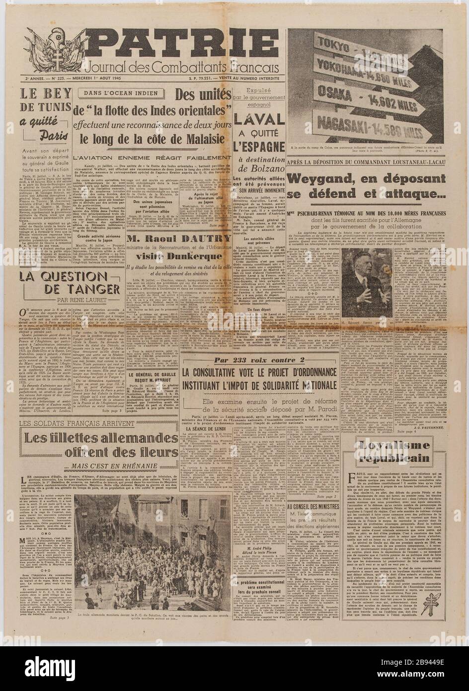 Journal 'Patherland. Gazzetta dei combattenti francese» dal 1 agosto 1945 Gazzetta "Patrie. Journal des Combattants Français' du 1er août 1945. Carta imprimé, 1945. Musée du Général Leclerc de Hauteclocque et de la Libération de Paris, musée Jean Moulin. Foto Stock