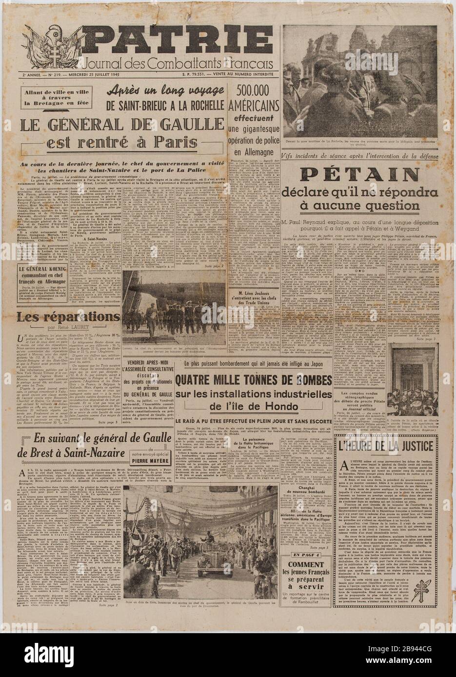 Journal 'Patherland. Gazzetta dei combattenti francese del 25 luglio 1945 Gazzetta "Patrie. Journal des Combattants Français' du 25 juillet 1945. Carta imprimé, 1945. Musée du Général Leclerc de Hauteclocque et de la Libération de Paris, musée Jean Moulin. Foto Stock