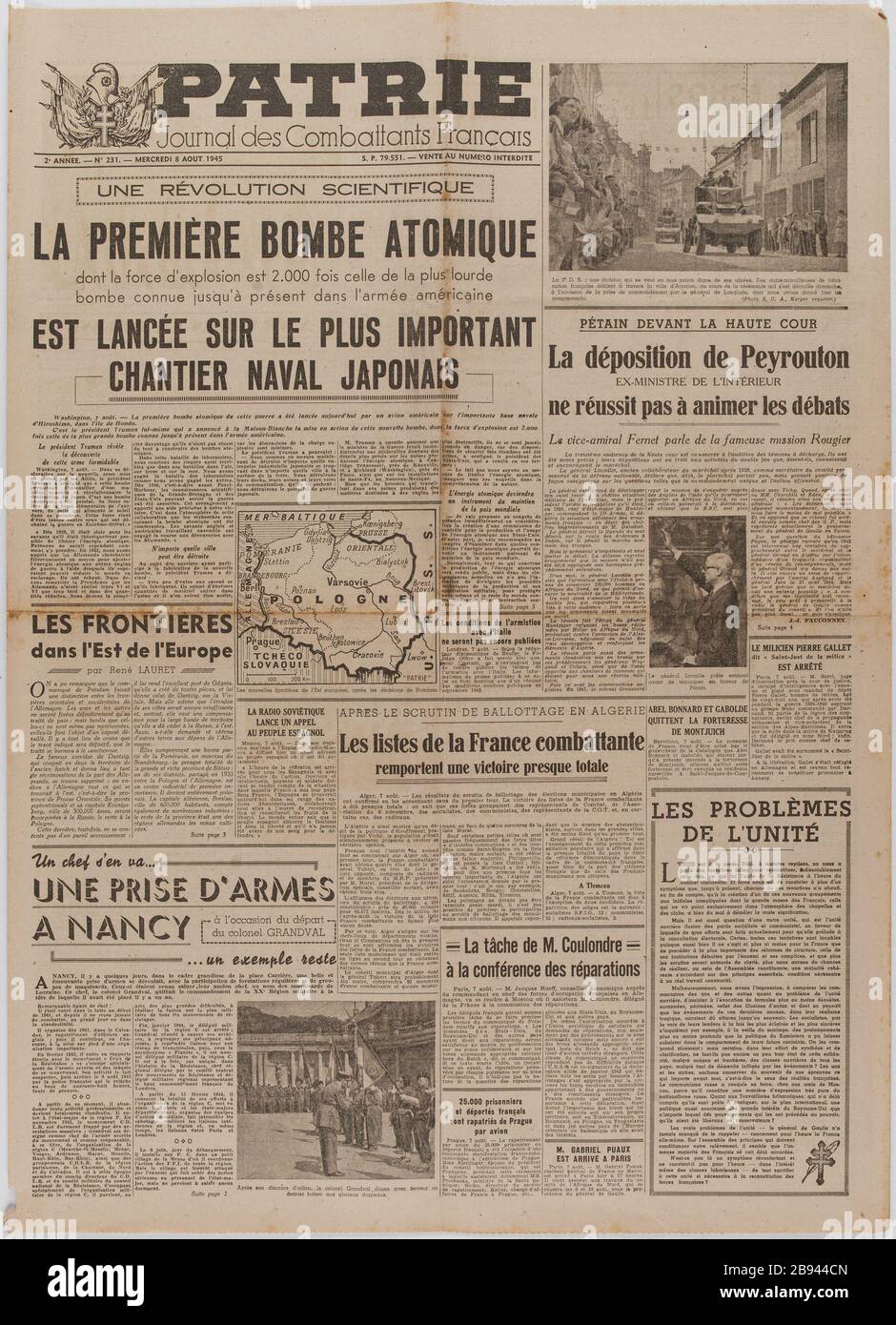 Journal 'Patherland. Gazzetta dei combattenti francese del 8 agosto 1945 Gazzetta ufficiale Patrie. Journal des Combattants Français' du 8 août 1945. Carta imprimé, 1945. Musée du Général Leclerc de Hauteclocque et de la Libération de Paris, musée Jean Moulin. Foto Stock