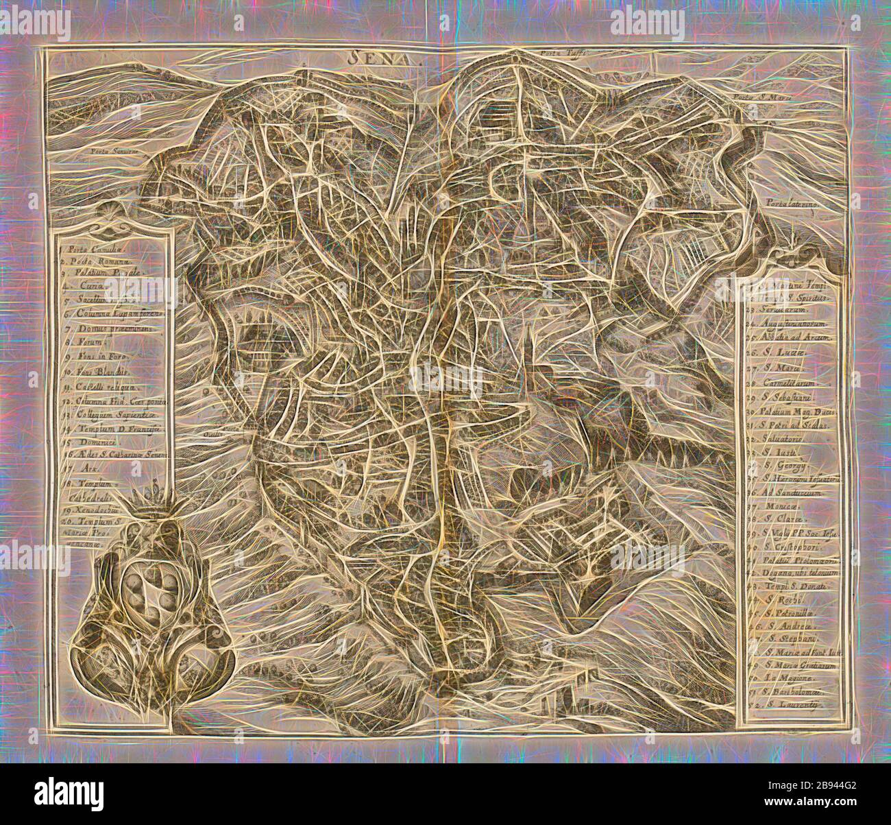 Anno, Mappa di Siena (Italia), Fig. 28, dopo p. 128, 1640, Martin Zeiller: Itinerarium Italiae nov-antiquae oder Raiss-Beschreibung durch Italien: Darinn nicht allein viel underschiedliche Weg durch das Welschland selbsten [...]. Francoforte sul Mayn: A Verlegung Matthaei Merians, M.DC.XL. [1640], Reimagined by Gibon, disegno di calore allegro di luminosità e raggi di luce radianza. Arte classica reinventata con un tocco moderno. La fotografia ispirata al futurismo, che abbraccia l'energia dinamica della tecnologia moderna, del movimento, della velocità e rivoluziona la cultura. Foto Stock