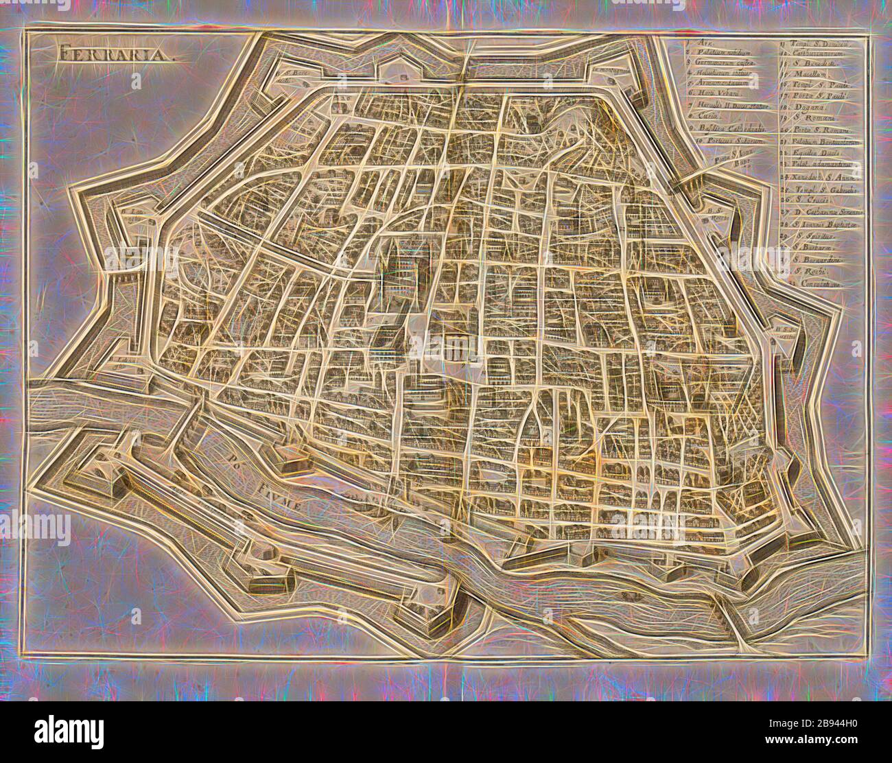 Ferraria, Mappa di Ferrara (Italia), Fig. 44, p. 200, 1640, Martin Zeiller: Itinerarium Italiae nov-antiquae oder Raiss-Beschreibung durch Italien: Darinn nicht allein viel underschiedliche Weg durch das Welschland selbsten [...]. Francoforte sul Mayn: A Verlegung Matthaei Merians, M.DC.XL. [1640], Reimagined by Gibon, disegno di calore allegro di luminosità e raggi di luce radianza. Arte classica reinventata con un tocco moderno. La fotografia ispirata al futurismo, che abbraccia l'energia dinamica della tecnologia moderna, del movimento, della velocità e rivoluziona la cultura. Foto Stock