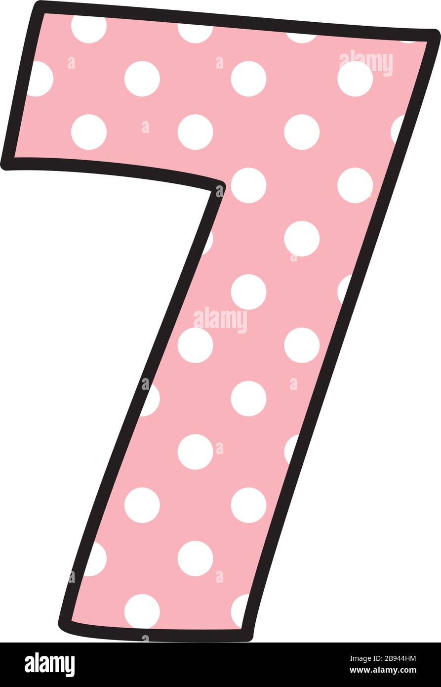 Numero 7 con punti polka bianchi su rosa, illustrazione vettoriale isolata su sfondo bianco Illustrazione Vettoriale