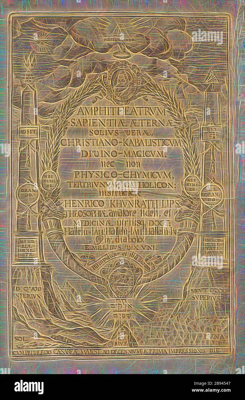 Titelblatt aus Heinrich Khunrazi sono saggezza eterna ... ', pagina del titolo da 'Amphitheatrum sapientiae aeternae ...' di Heinrich Khunrath dal 17 ° secolo, senza segno, Taf. 1, p. 5, 1609, Heinrich Khunrath: Amphitheatrum sapientiae aeternae, solius verae, christiano-kabalisticum, divino-magicum, nec non physicico-chimicum, tertriunum, catholicon, Reimagined by Gibon, disegno di calda allegra luce e luminosità. Arte classica reinventata con un tocco moderno. Fotografia ispirata al futurismo, che abbraccia l'energia dinamica della tecnologia moderna, del movimento, della velocità e della rivoluzione Foto Stock
