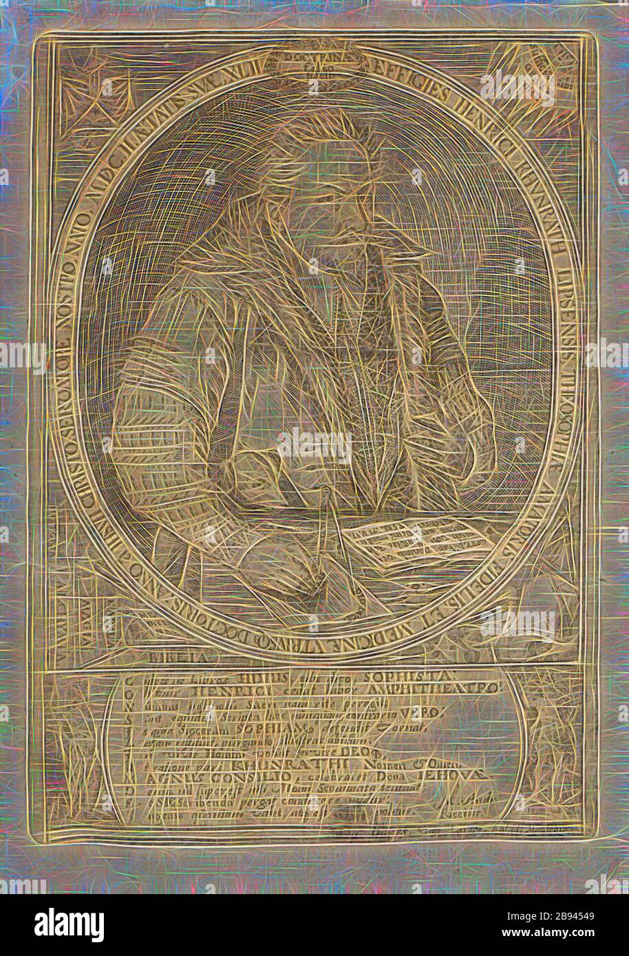Ritratto di Heinrich Kunrath, Ritratto di Heinrich Kunrath del 17th secolo, firmato: Joh ... Di ... puls van ... ampe, scalpsit: Mandeburg, Taf. 2, p. 7, 1609, Heinrich Khunrath: Amphitheatrum sapientiae aeternae, solius verae, christiano-kabalisticum, divino-magicum, non fisico-chymicum nec, tertriunum, catolicon, Reimagined by Gibon, disegno di calore allegro di luminosità e raggi luminosi radianza. Arte classica reinventata con un tocco moderno. La fotografia ispirata al futurismo, che abbraccia l'energia dinamica della tecnologia moderna, del movimento, della velocità e rivoluziona la cultura. Foto Stock