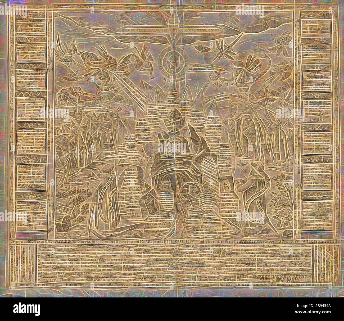 Feinde, figura del pannello di nemici da Heinrich Khunrath 'Amphitheatrum sapientiae aeternae' del 17 ° secolo, Taf. 3, p. 10, 1609, Heinrich Khunrath: Amphitheathatrum sapientiae aeternae, solius verae, christiano-kabalisticum, divino-magicum, nec non physicico-chimicum, tertriunum, catholicon, Reimagined by Gibon, disegno di calda allegra luce e luminosità. Arte classica reinventata con un tocco moderno. La fotografia ispirata al futurismo, abbracciando l'energia dinamica della tecnologia moderna, del movimento, della velocità e rivoluzionando la cultura. Foto Stock