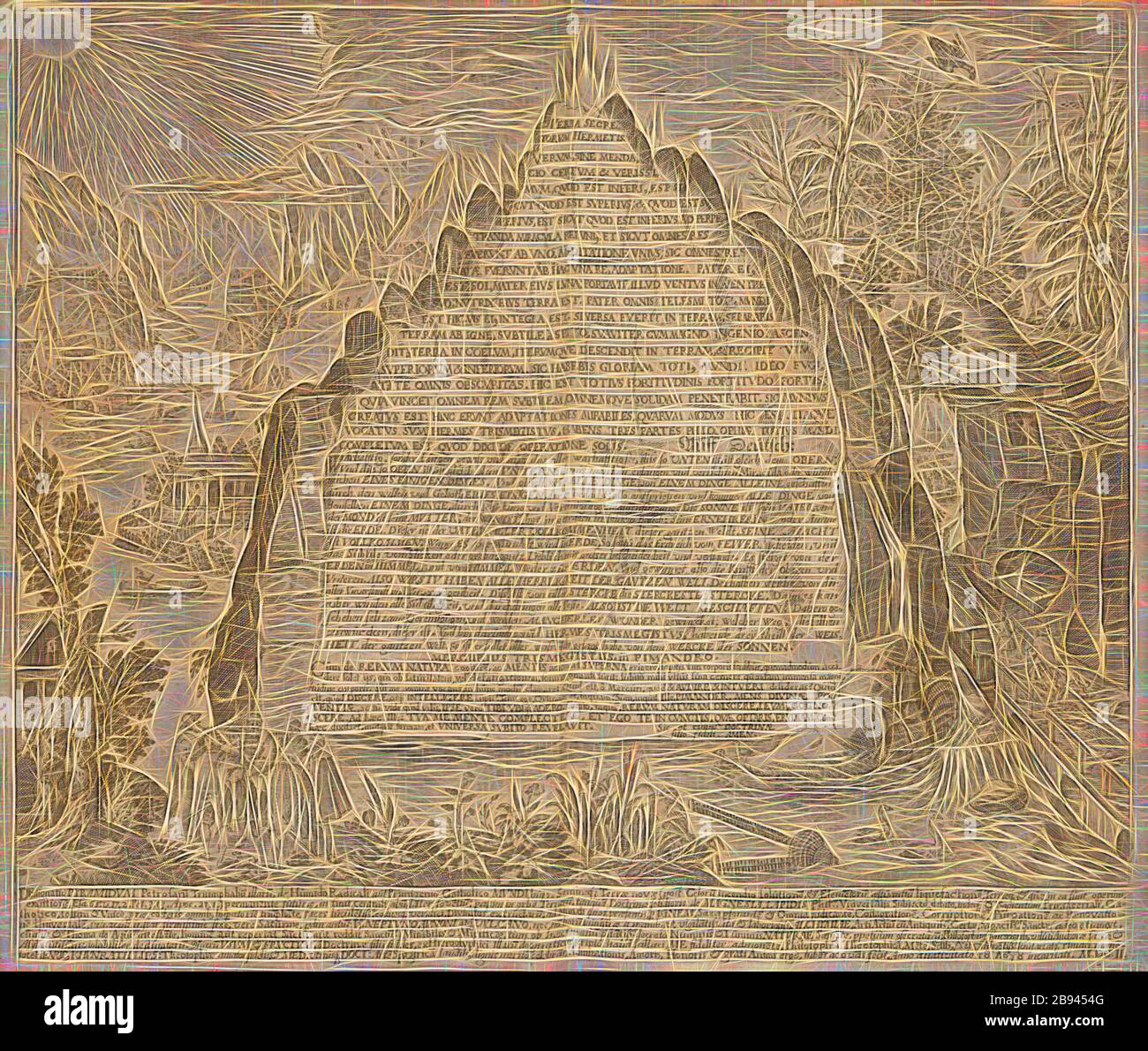 La designazione delle piramidi, illustrazione del pannello 'Designatio Pyramidum' da 'Amphitheatrum sapientiae aeternae' di Heinrich Khunrath del XVII secolo, Taf. 8, p. 25, 1609, Heinrich Khunrath: Amphitheathatrum sapientiae aeternae, solius verae, christiano-kabalisticum, divino-magicum, nec non physicico-chimicum, tertriunum, catholicon, Reimagined by Gibon, disegno di calda allegra luce e luminosità. Arte classica reinventata con un tocco moderno. La fotografia ispirata al futurismo, che abbraccia l'energia dinamica della tecnologia moderna, del movimento, della velocità e rivoluziona il cul Foto Stock