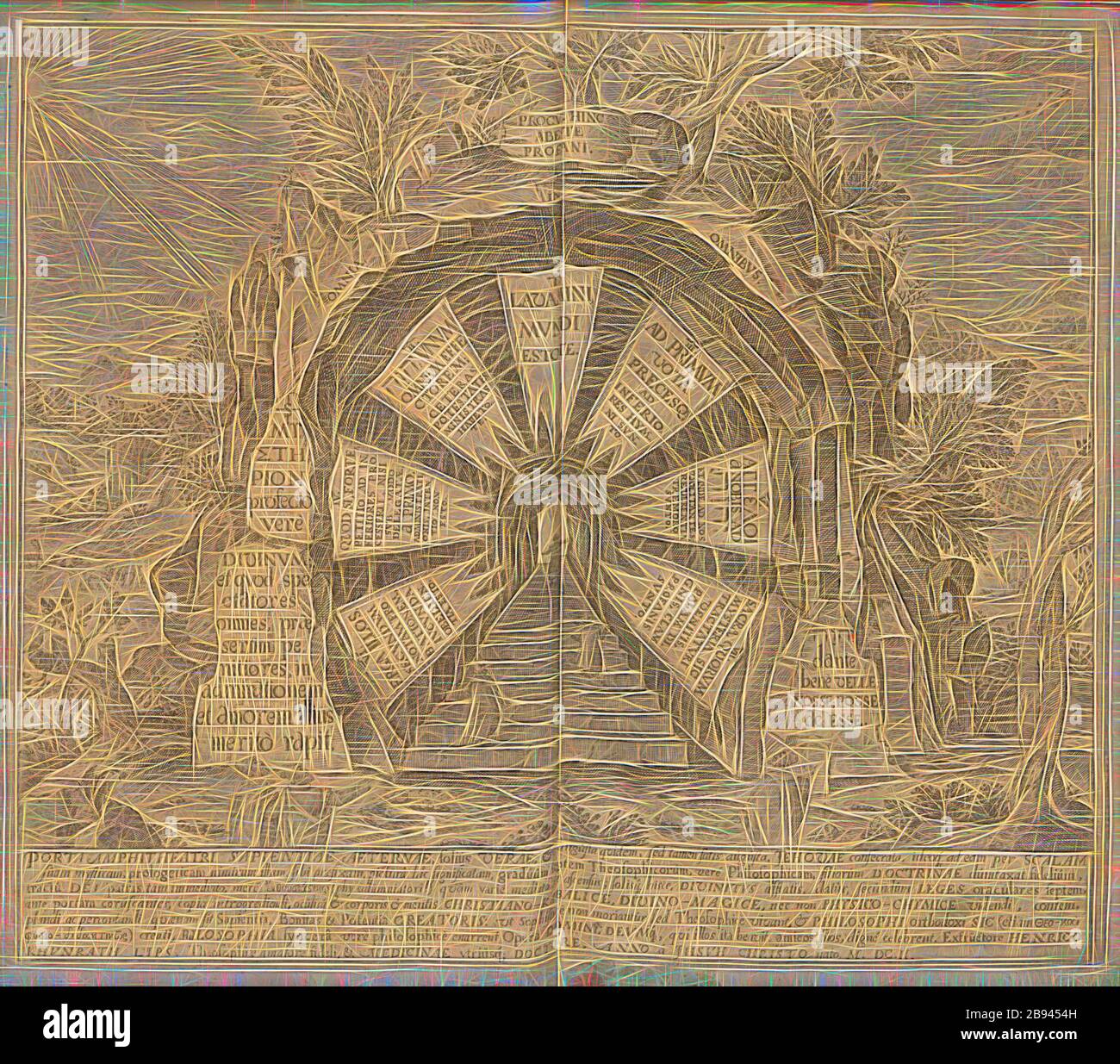 Anfiteatro di porta, illustrazione del pannello 'porta Amphitheatri' di Heinrich Khunrath 'Amphitheatrum sapientiae aeternae' del 17 ° secolo, Taf. 9, p. 28, 1609, Heinrich Khunrath: Amphitheathatrum sapientiae aeternae, solius verae, christiano-kabalisticum, divino-magicum, nec non physicico-chimicum, tertriunum, catholicon, Reimagined by Gibon, disegno di calda allegra luce e luminosità. Arte classica reinventata con un tocco moderno. La fotografia ispirata al futurismo, abbracciando l'energia dinamica della tecnologia moderna, del movimento, della velocità e rivoluzionando la cultura. Foto Stock
