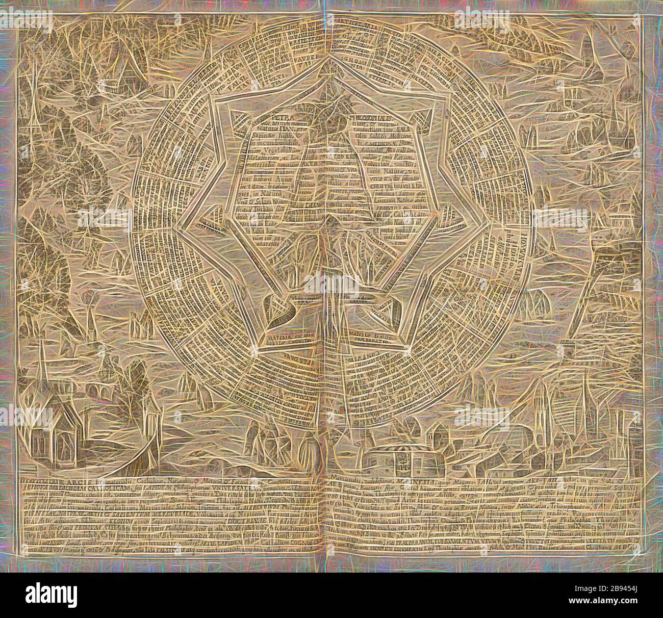 Area Campegi, illustrazione del pannello 'Hypotyposis Arcis' di Heinrich Khunrath 'Amphitheatrum sapientiae aeternae' del 17 ° secolo, Taf. 11, p. 34, 1609, Heinrich Khunrath: Amphitheathatrum sapientiae aeternae, solius verae, christiano-kabalisticum, divino-magicum, nec non physicico-chimicum, tertriunum, catholicon, Reimagined by Gibon, disegno di calda allegra luce e luminosità. Arte classica reinventata con un tocco moderno. La fotografia ispirata al futurismo, abbracciando l'energia dinamica della tecnologia moderna, del movimento, della velocità e rivoluzionando la cultura. Foto Stock