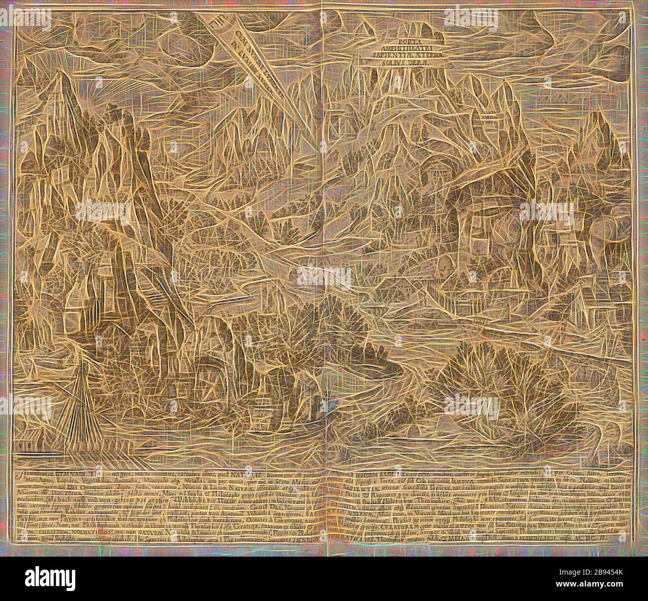 Profilo Gymni, Illustrazione del pannello 'Adumbrate Gymni' di Heinrich Khunrath 'Amphitheatrum sapientiae aeternae' del 17 ° secolo, Taf. 10, p. 31, 1609, Heinrich Khunrath: Amphitheathatrum sapientiae aeternae, solius verae, christiano-kabalisticum, divino-magicum, nec non physicico-chimicum, tertriunum, catholicon, Reimagined by Gibon, disegno di calda allegra luce e luminosità. Arte classica reinventata con un tocco moderno. La fotografia ispirata al futurismo, abbracciando l'energia dinamica della tecnologia moderna, del movimento, della velocità e rivoluzionando la cultura. Foto Stock