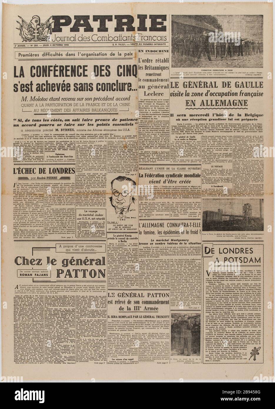 Journal 'Patherland. Gazzetta dei combattenti francese del 4 ottobre 1945 Gazzetta "Patrie. Journal des Combattants Français' du 4 ottobre 1945. Carta imprimé, 1945. Musée du Général Leclerc de Hauteclocque et de la Libération de Paris, musée Jean Moulin. Foto Stock