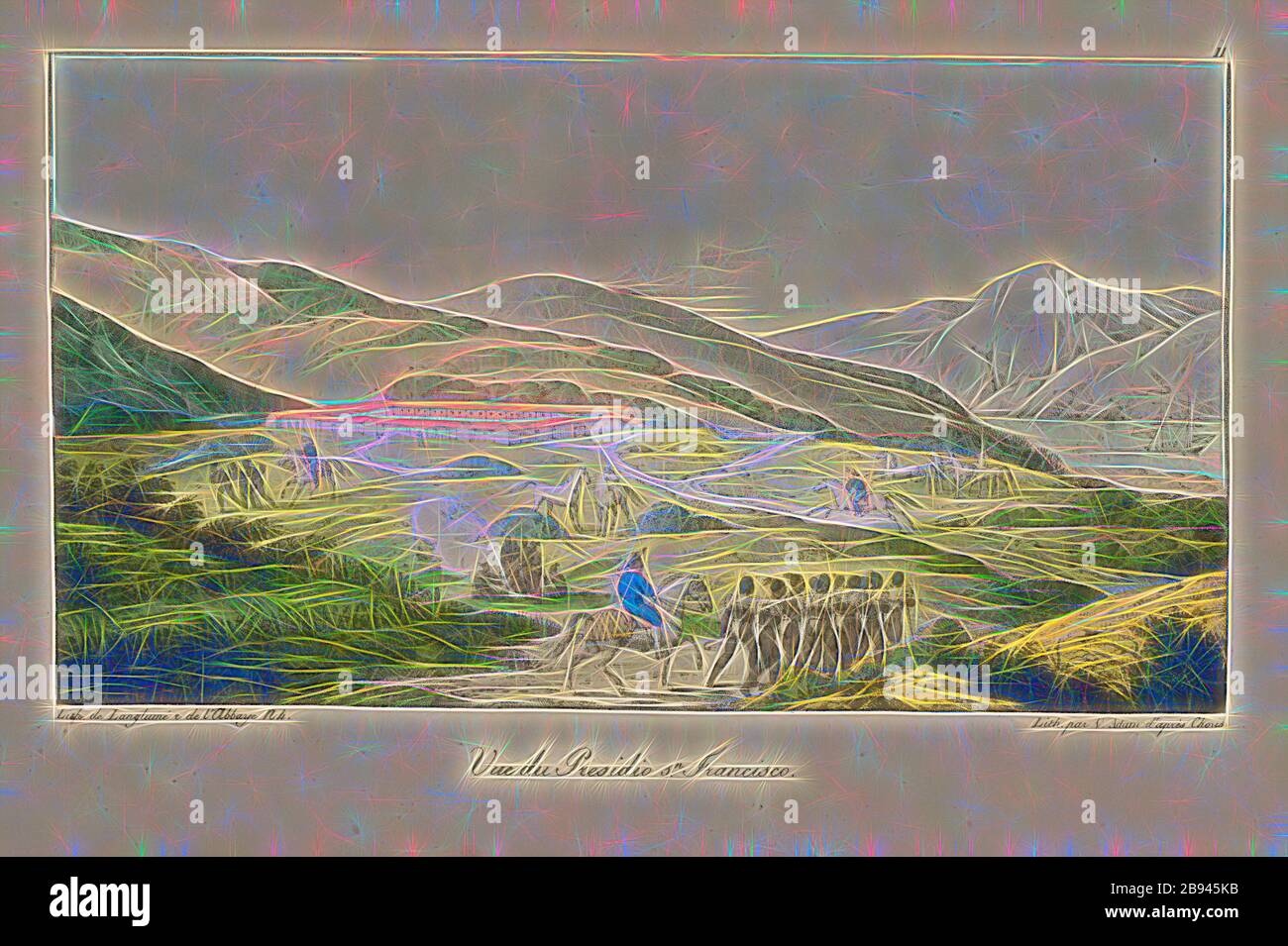 Vue du Presidio San. Francisco, View Presidio San Francisco, firmato: Lith. Par. Adam d'après Choris, lith., Langlumé, Fig. 2, dopo S. (3), S. 113, Choris, Louis, Adam, Victor-Jean (lith.), Langlumé, Joseph (lith.), 1822, Louis Choris: Voyage pittoresque autour du monde, avec des ritraces de sauvages d'Amérique, d'Asie, d'Afrique, et des îles du Grand Ocean [...]. Parigi: Didot, 1822., Reimagined by Gibon, design di calda allegra luce di luminosità e raggi di luce radianza. Arte classica reinventata con un tocco moderno. Fotografia ispirata al futurismo, che abbraccia l'energia dinamica della tecnologia moderna Foto Stock