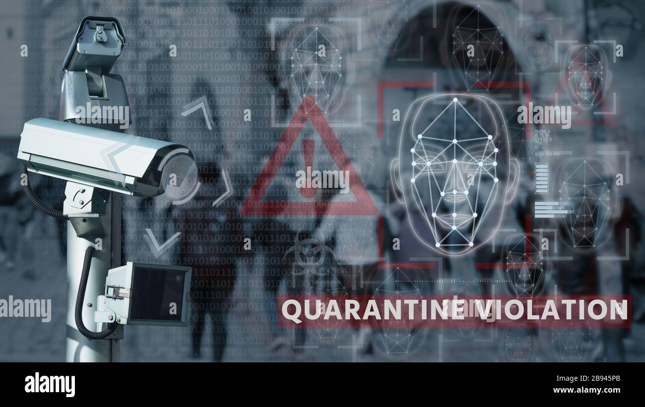 Telecamera con sistema di riconoscimento facciale per la ricerca di violatori in quarantena Foto Stock