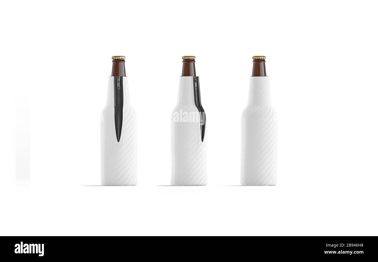 Bianco bianco boccale pieghevole bottiglia di birra koozie mockup, anteriore nad posteriore Foto Stock