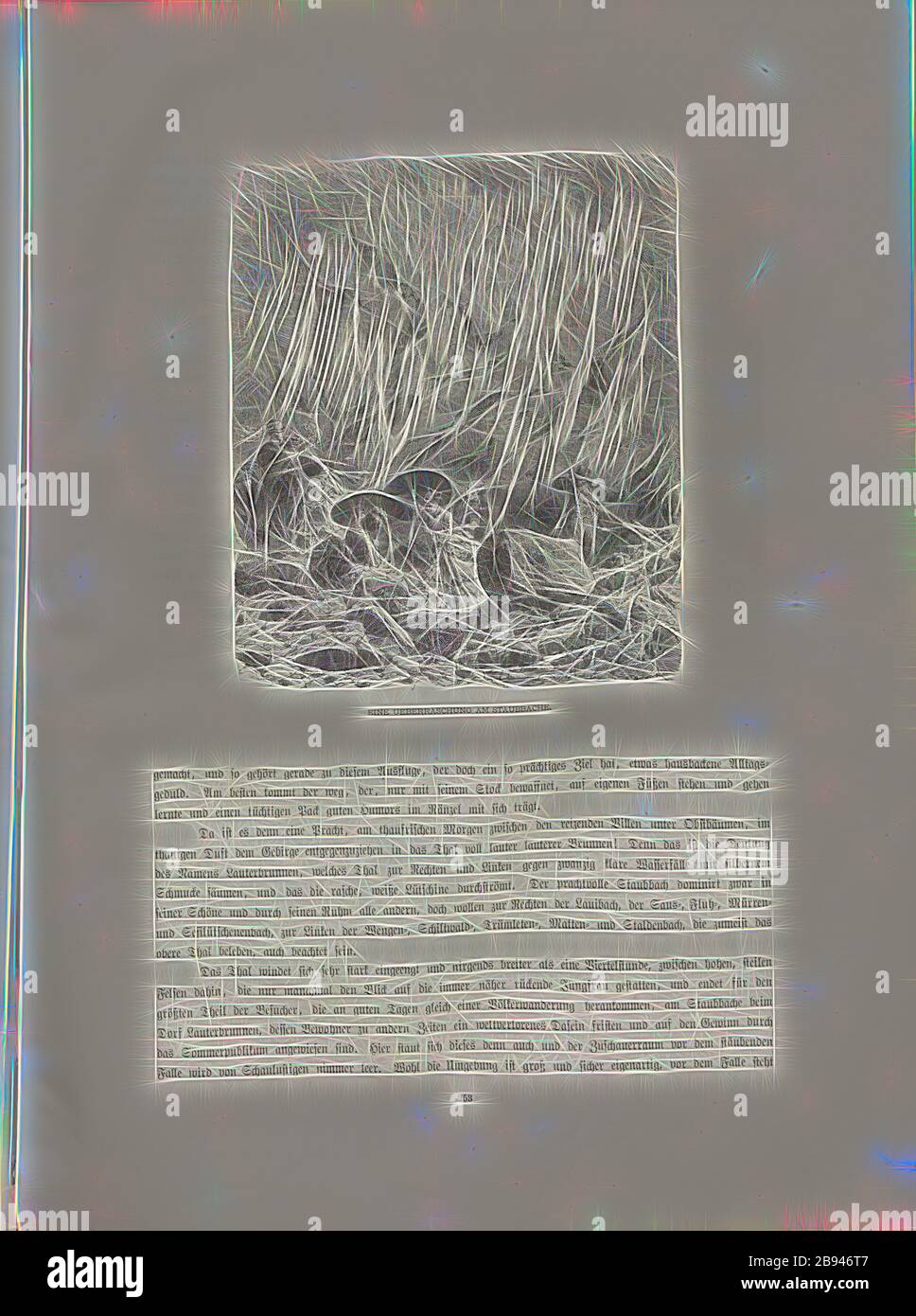 Una sorpresa allo Staubbache, Illustrazione di turisti a Lauterbrunnen am Staubbach, che sono sorpresi dal tempo piovoso, Fig. 224, p. 253, Woldemar Kaden: Das Schweizerland: Eine Sommerfahrt durch Gebirg und Thal. Stoccarda: Engelhorn, 1875, Reimagined by Gibon, design di calore allegro di luminosità e raggi di luce radianza. Arte classica reinventata con un tocco moderno. La fotografia ispirata al futurismo, che abbraccia l'energia dinamica della tecnologia moderna, del movimento, della velocità e rivoluziona la cultura. Foto Stock