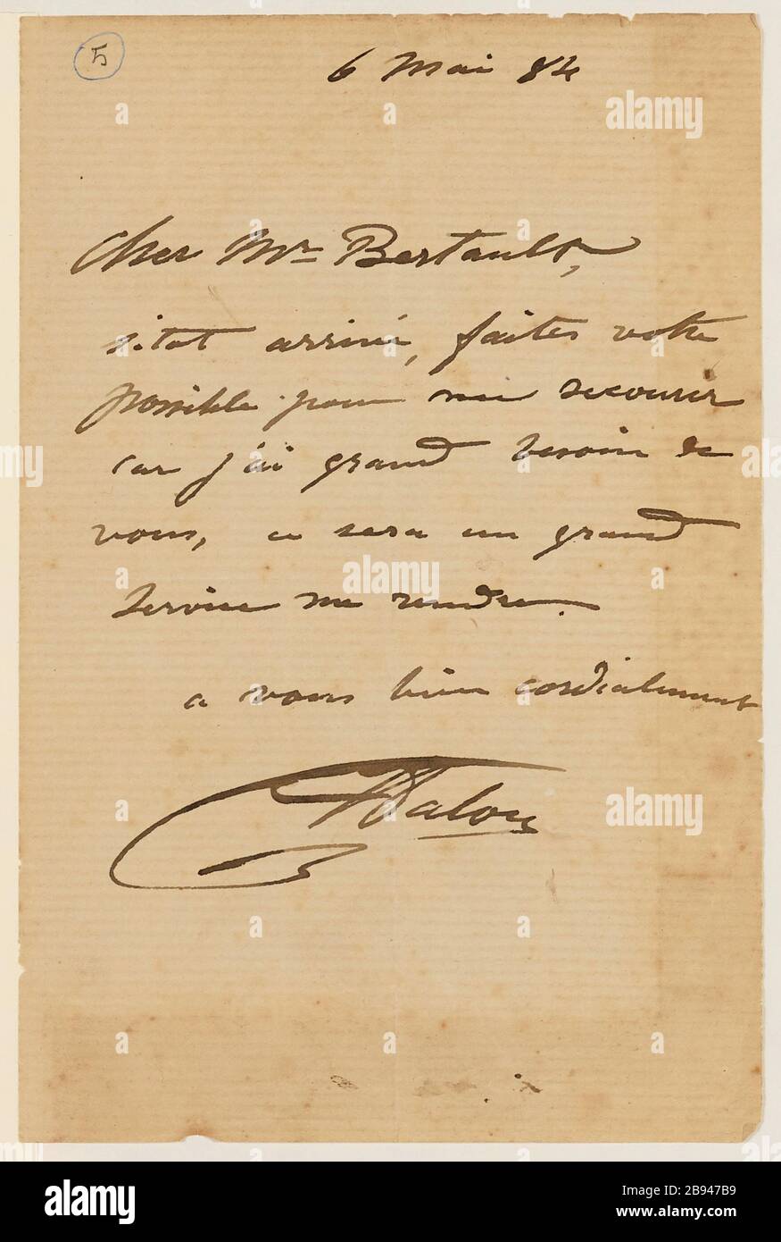 Lettera autografa firmata dallo scultore Aimé-Jules Dalou suo molder Amedee Bertault, 6 maggio 1884 (titolo fittizio) Dalou, Aimé-Jules (1838-12-31 - 1902-04-15), Lettre autographe signée du sculpteur Aimé-Jules Dalou à son mouleur Amédée Bertault, 6 mai 1884 (1884-factiter) 05. 06 Encre sur papier. Petit Palais, Musée des Beaux-Arts de la Ville de Paris. Foto Stock
