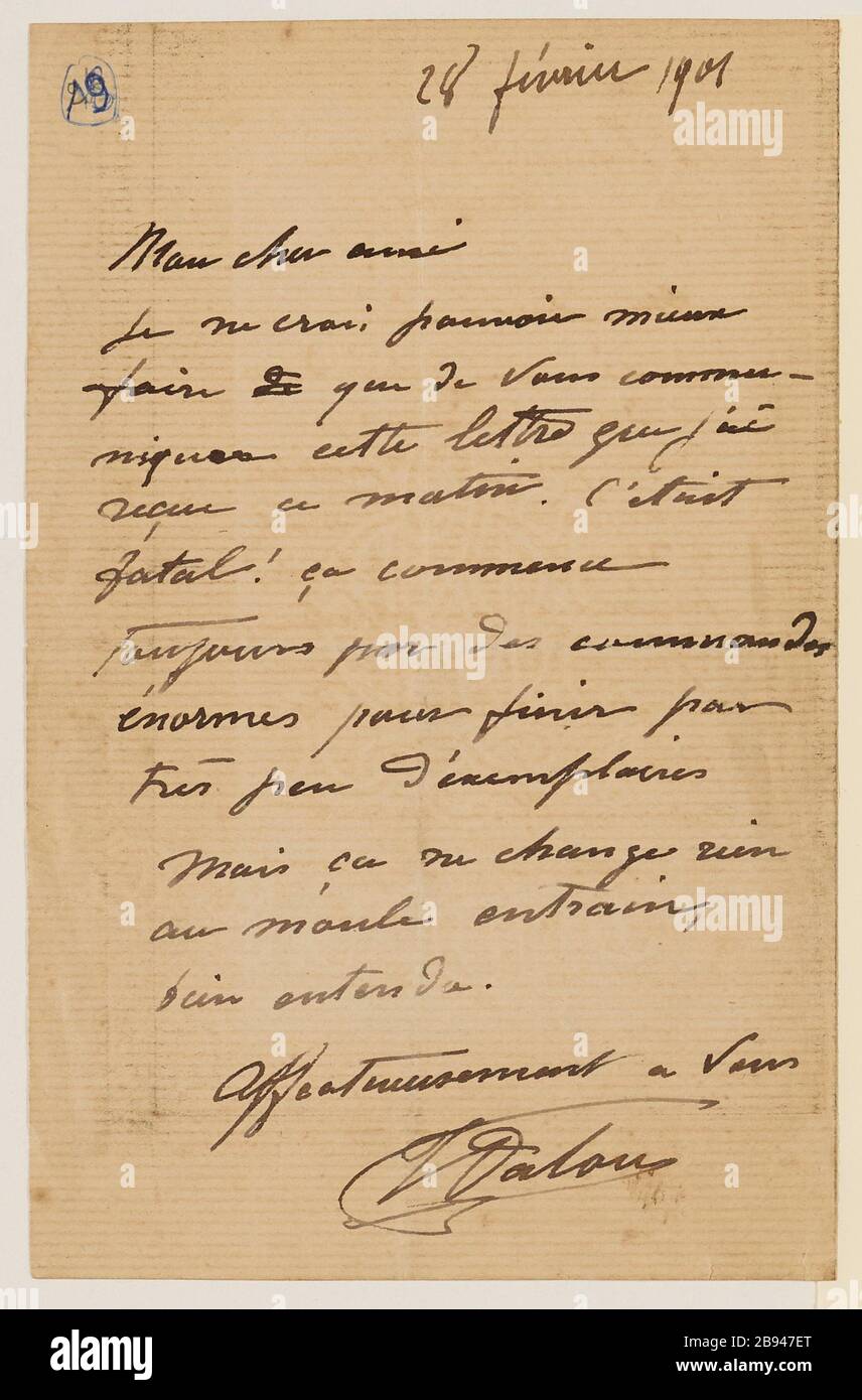 Lettera autografa firmata dallo scultore Aimé-Jules Dalou suo molder Amedee Bertault, 28 febbraio 1901 (Indietro) (titolo fittizio) Dalou, Aimé-Jules (1838-12-31 - 1902-04-15), Lettre autographe signée du sculpteur Aimé-Jules Dalou à son mouleur Amédée Bertault, 28-factiter (1901-1901) (02-28). Encre sur papier vergé. Petit Palais, Musée des Beaux-Arts de la Ville de Paris. Foto Stock