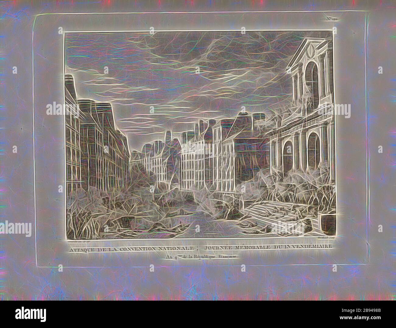 Attentato della Convenzione Nazionale, memorabile giorno del 13 Vendémiaire anno 4. Della Repubblica francese, rottura della rivolta royalistica di fronte alla chiesa di San Rocco a Parigi da Napoleone Bonaparte il 5 ottobre 1795, firmato: Girardet inv. Et del, Berthault sculp, Fig. 53, n. 120, a pag. 484 (cent-vingtième tableau), Girardet, Abraham (inv. Et del.), Berthault, Pierre-Gabriel (sc.), Collection complète des tableaux historiques de la Révolution française en trois volumes [...]. Bd 2. A Paris: chez Auber, EDItEUR, et seul Propriétaire: De l'Imprimerie de Pierre Didot l'aîné, an XI de la Répub Foto Stock