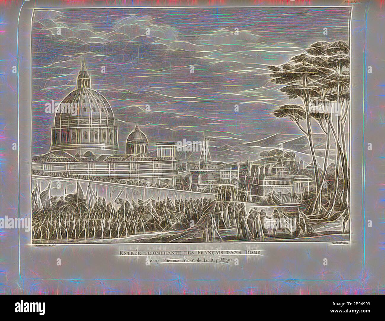 Trionfante ingresso dei francesi a Roma, il 27° anno di Pluvoise 6. Della Repubblica, entrata delle truppe francesi sotto Luigi Alexandre Berthier a Roma il 11 febbraio 1798, firmato: Girardet inv. Et del, Berthault sculp, Fig. 65, n. 132, a pag. 532 (cent-trente-deuxième tableau), Girardet, Abraham (inv. Et del.), Berthault, Pierre-Gabriel (sc.), Collection complète des tableaux historiques de la Révolution française en trois volumes [...]. Bd 2. A Parigi: chez Auber, EDItEUR, et seul Propriétaire: De l'Imprimerie de Pierre Didot l'aîné, an XI de la République Francçaise M. DCCCII., Reimaged by Gibo Foto Stock
