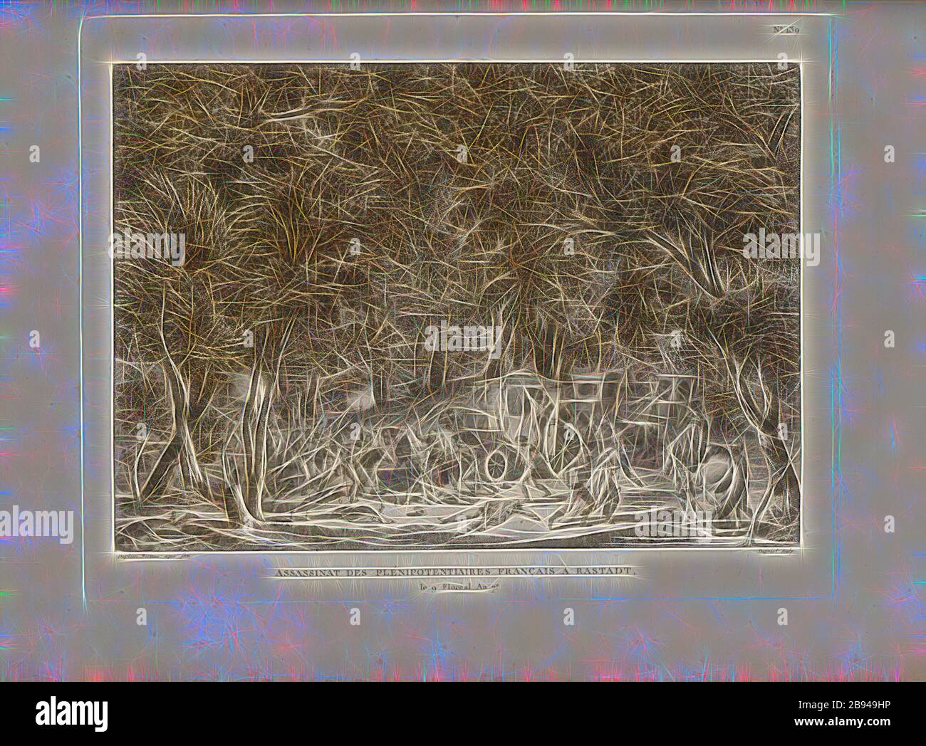 Assassinio di plenipotenziari francesi a Rastadt, 9 Floreal anno 7., assassinio di Rastatter Murder il 29 aprile 1799, firmato: Duplessi-Bertaux aqua forti, Dupréel sculp, Fig. 72, n. 139, a pag. 560 (cent trente-neuvième tableau), Duplessi Bertaux, Jean (aqua forti), Dupréel, Jean-Baptiste-Michel (sc.), Collection complète des tableaux historiques de la Révolution française en trois volumi [...]. Bd 2. A Parigi: chez Auber, EDItEUR, et seul Propriétaire: De l'Imprimerie de Pierre Didot l'aîné, un XI de la République Francçaise M. DCCCII., Reimaged by Gibon, design di caldo allegro gui Foto Stock