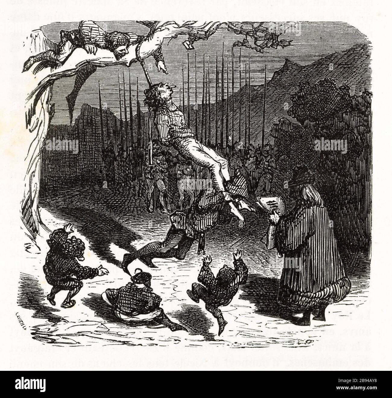 Sospeso. Illustrazione per Honoré de Balzac, The Tales comical, Parigi: General Society Library, 1855 (rating: R8 ° Cc1405) Gustave Doré (1832-1883), dessinateur et Adrien Lavieille (1818-1862), graveur. "La pendaison." Illustrazione pour Honoré de Balzac, 'Les Contes drolatiques', Parigi : Société générale de librairie, 1855'. Gravure sur bois. Parigi, Maison de Balzac. Foto Stock