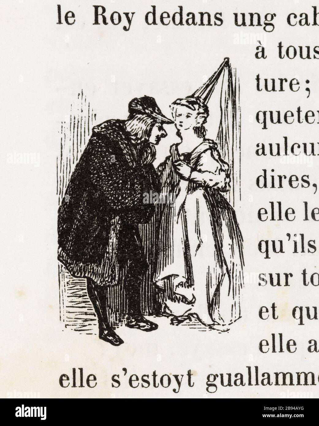 Confidenze. Illustrazione per Honoré de Balzac, The Tales comical, Parigi: General Society Library, 1855 (rating: R8 ° Cc1405) Gustave Doré (1832-1883), dessinateur et Paul Riault (XIXème siècle), graveur. 'Confidenze.' Illustrazione pour Honoré de Balzac, 'Les Contes drolatiques', Parigi : Société générale de librairie, 1855'. Gravure sur bois. Parigi, Maison de Balzac. Foto Stock