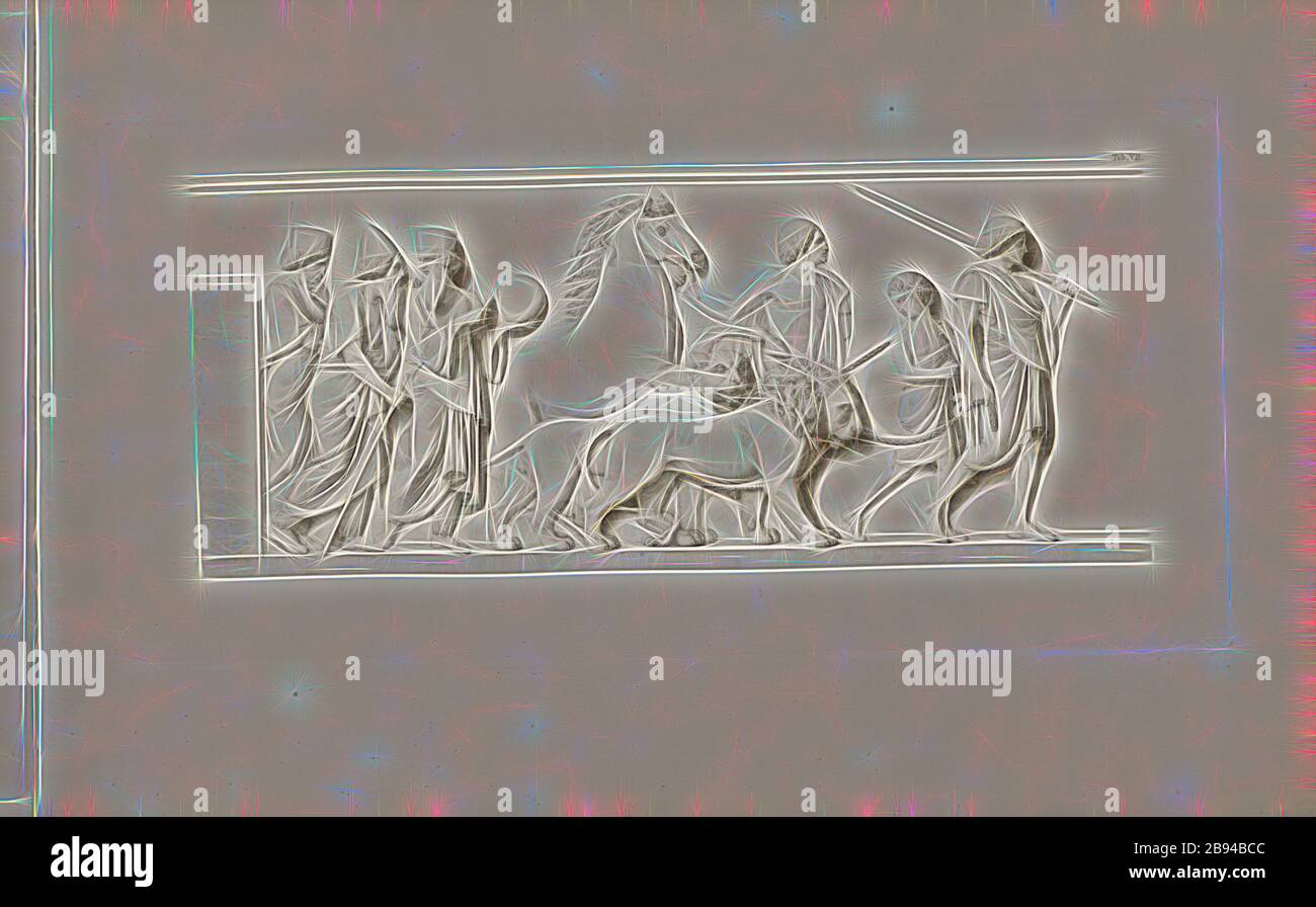 I tre astrologi caldei, i tre astrologi caldei, si accellerano con leone e tigre come segno di sottomissione alla città, Tab. VII, dopo p. 15, Oberbeck, F. (Zeichn.), Amsler, S. (Gest.), Hermann Lücke: Der Einzug Alexander des Grossen in Babilonia: Marmorfries von B. Thorwaldsen: Nach Zeichnungen von F. Overbeck in Kupfer gestochen von S. Amsler. Lipsia: Dürr, 1873, Reimagined by Gibon, design di calda allegra luce di luminosità e raggi di luce radianti. Arte classica reinventata con un tocco moderno. Fotografia ispirata al futurismo, che abbraccia l'energia dinamica della tecnologia moderna, mo Foto Stock
