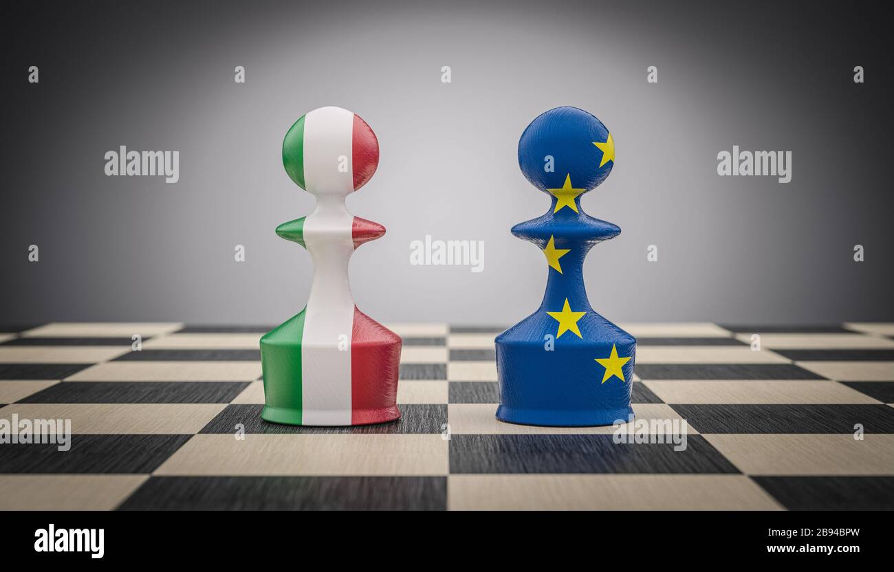 scacchi con bandiera italiana ed europea. Concetto di sfida e conflitto. Separazione uscita italia. Crisi economica e politica europea. rendering 3d Foto Stock