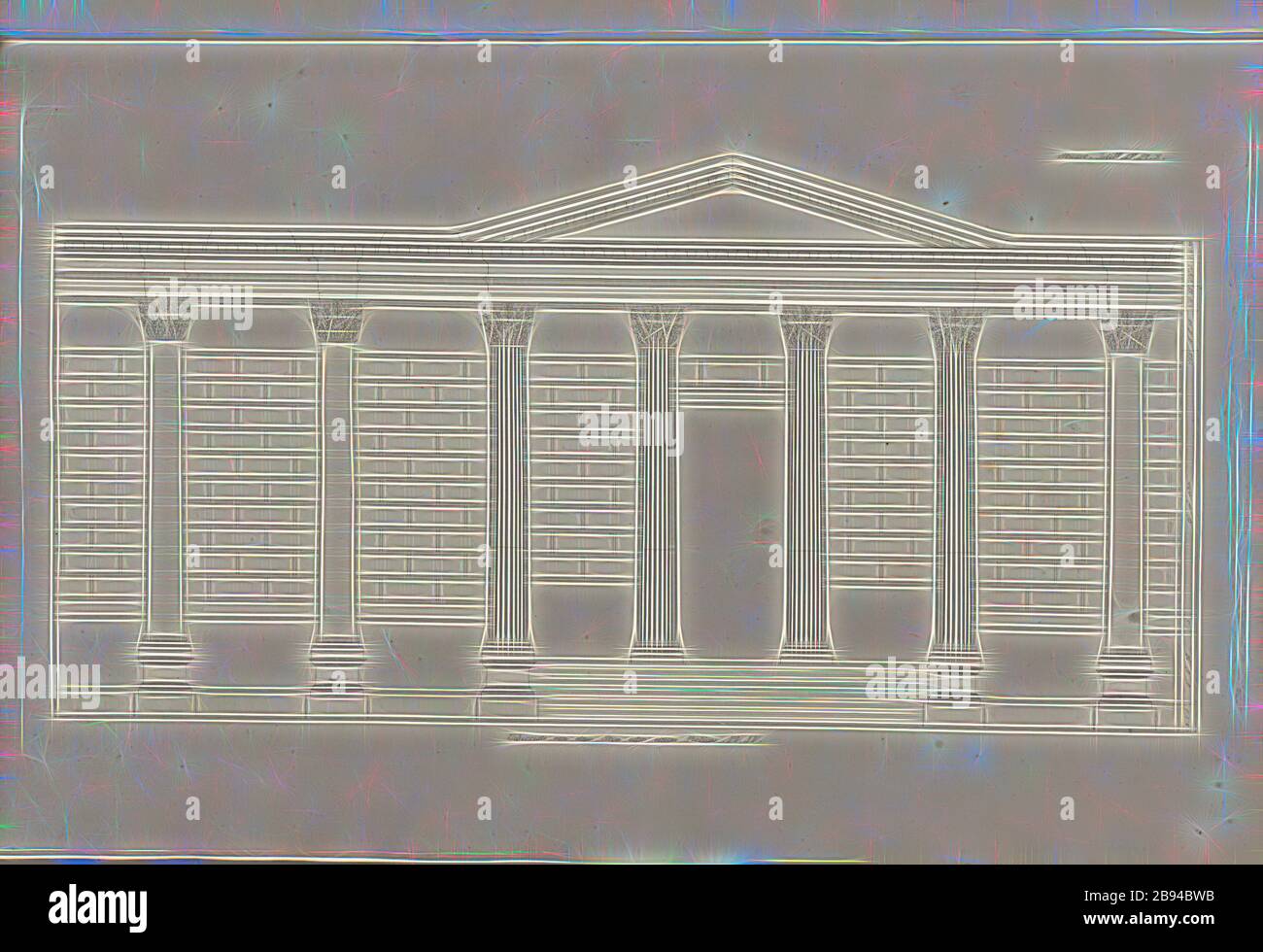 Resti di una Stoa o di un Porticus. PL. IV, elevazione di una Stoa o Portico ad Atene, Pl. X, Del. IV, 1829, James Stuart, Revett Nicholas: Die Alterthümer zu Athen. Erster Theil. Lipsia e Darmstadt: Verlag von Carl Wilhelm Leske, [1829], Reimagined by Gibon, design di calore allegro di luminosità e raggi di luce radianza. Arte classica reinventata con un tocco moderno. La fotografia ispirata al futurismo, che abbraccia l'energia dinamica della tecnologia moderna, del movimento, della velocità e rivoluziona la cultura. Foto Stock