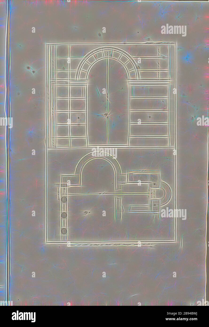 Rovine su cui è costruita una parte della chiesa di Megale-Panagia. PL. I, pianta e elevazione delle rovine alla Chiesa Megali Panagia di Atene, Pl. V, Lief. V, 1829, James Stuart, Revett Nicholas: Die Alterthümer zu Athen. Erster Theil. Leipzig und Darmstadt: Verlag von Carl Wilhelm Leske, [1829], Reimagined by Gibon, design di calda e allegra luce di luminosità e di radianza dei raggi di luce. Arte classica reinventata con un tocco moderno. La fotografia ispirata al futurismo, abbracciando l'energia dinamica della tecnologia moderna, del movimento, della velocità e rivoluzionando la cultura. Foto Stock