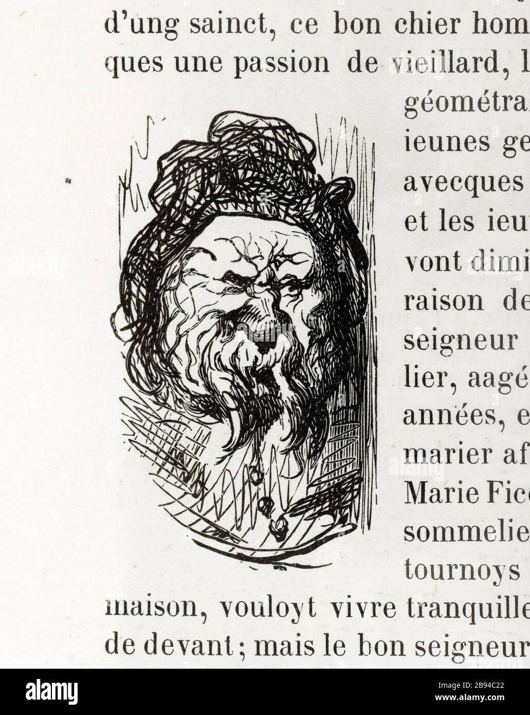 Uomo brutto. Illustrazione per Honoré de Balzac, The Tales comical, Parigi: General Society Library, 1855 (rating: R8 ° Cc1405) Gustave Doré (1832-1883), dessinateur et Gérard (XIXème siècle), graveur. 'Vilain Homme.' Illustrazione pour Honoré de Balzac, 'Les Contes drolatiques', Parigi : Société générale de librairie, 1855'. Gravure sur bois. Parigi, Maison de Balzac. Foto Stock