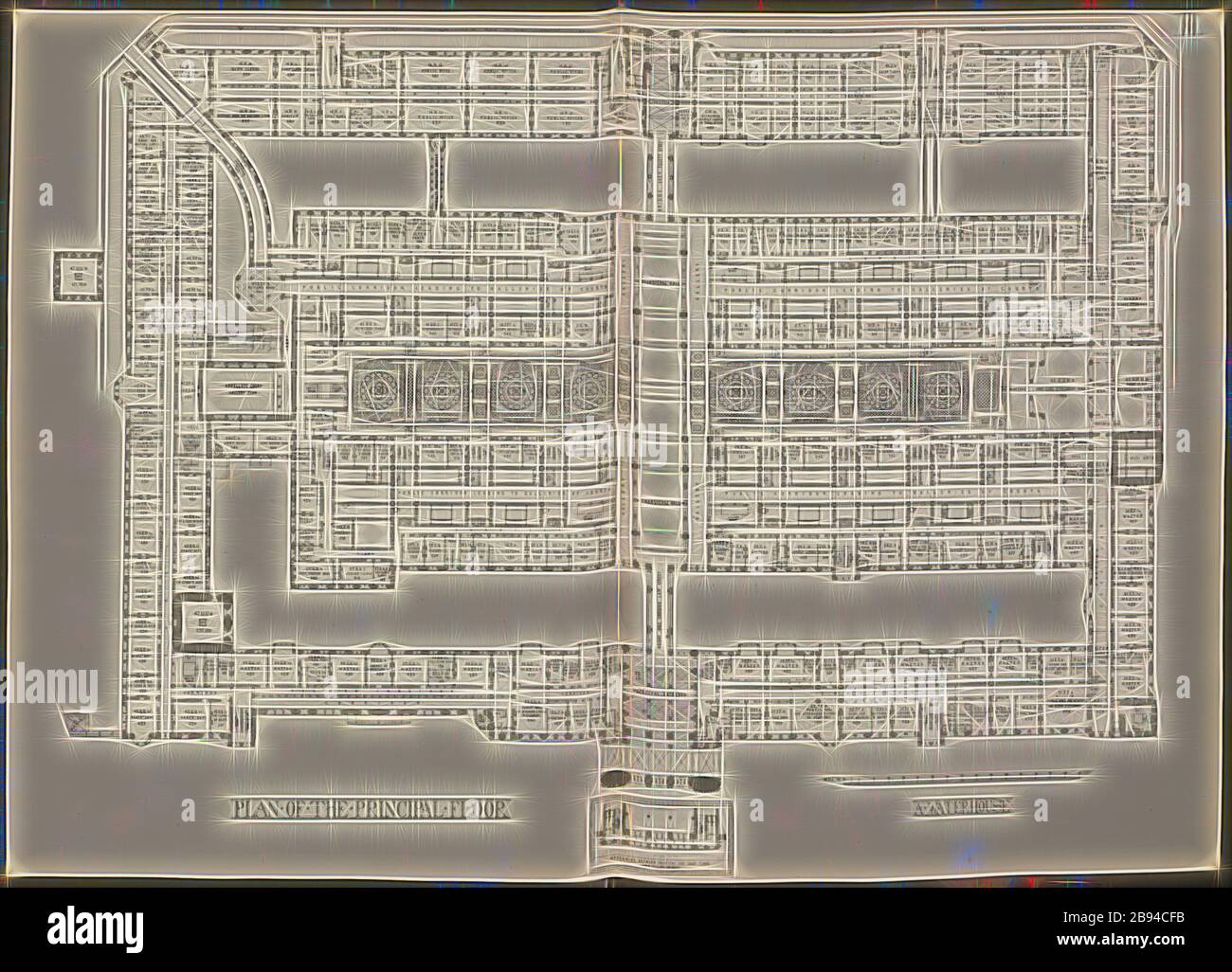 Piano del piano principale, piano del cortile principale delle corti reali di giustizia a Londra dopo Alfred Waterhouse, Plate III, dopo pag. 24, Alfred Waterhouse: Descrizione generale del disegno: Concorso di corte di giustizia. Londra: Stampato da George E. Eyre e William Spottiswoode: Her Majesty's Stationery Office, 1867, Reimaged by Gibon, design di calda e allegra luce incandescente di luminosità e raggi di luce radianza. Arte classica reinventata con un tocco moderno. La fotografia ispirata al futurismo, abbracciando l'energia dinamica della tecnologia moderna, del movimento, della velocità e rivoluzionando la cultura. Foto Stock