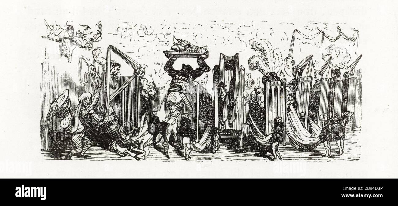 festa straordinaria. Illustrazione per Honoré de Balzac, The Tales comical, Parigi: General Society Library, 1855 (rating: R8 ° Cc1405) Gustave Doré (1832-1883), dessinateur et Adrien Lavieille (1818-1862), graveur. "Festin straordinario." Illustrazione pour Honoré de Balzac, 'Les Contes drolatiques', Parigi : Société générale de librairie, 1855'. Gravure sur bois. Parigi, Maison de Balzac. Foto Stock