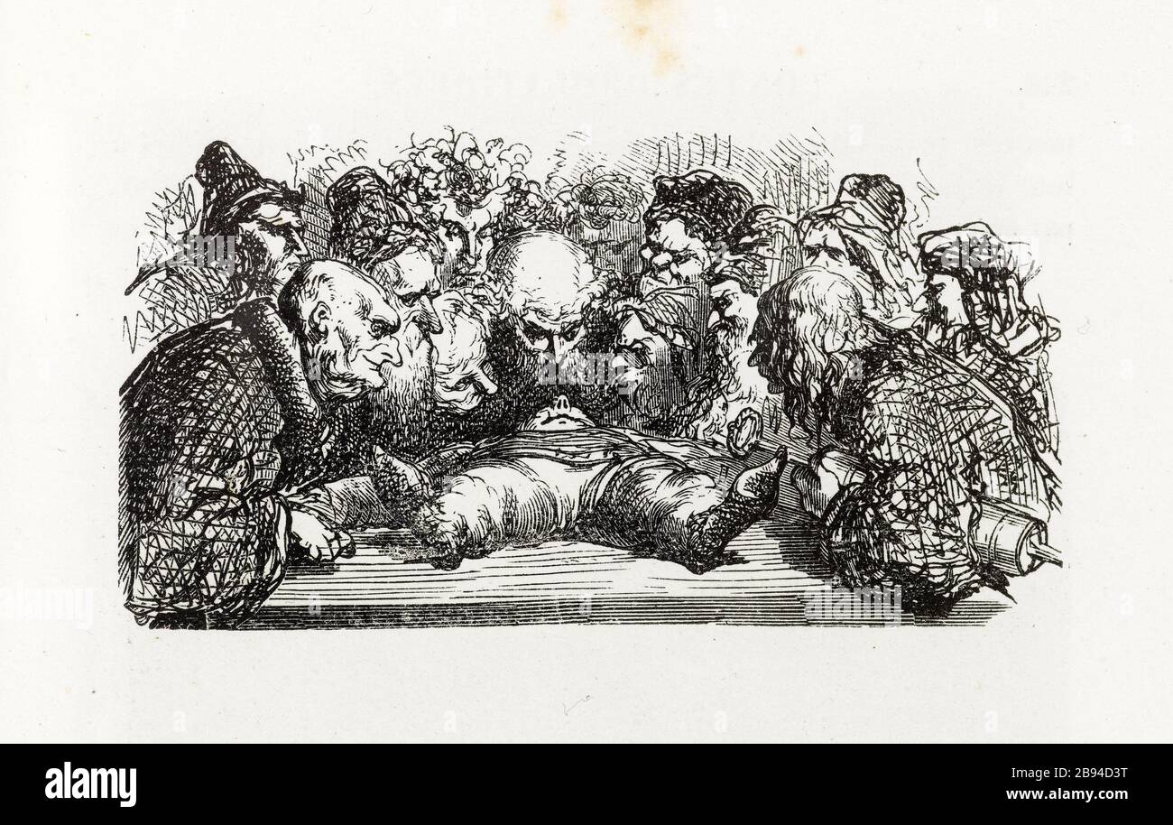 Consultazione. Illustrazione per Honoré de Balzac, The Tales comical, Parigi: General Society Library, 1855 (rating: R8 ° Cc1405) Gustave Doré (1832-1883), dessinateur et E. Lemaire (XIXème siècle), graveur. "Consultazione." Illustrazione pour Honoré de Balzac, 'Les Contes drolatiques', Parigi : Société générale de librairie, 1855'. Gravure sur bois. Parigi, Maison de Balzac. Foto Stock