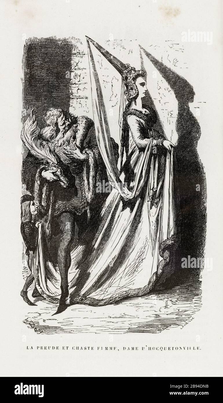 Il preude e Hocquetonville casta signora. Illustrazione per Honoré de Balzac, The Tales comical, Parigi: General Society Library, 1855 (rating: R8 ° Cc1405) Gustave Doré (1832-1883), dessinateur et Adrien Lavieille (1818-1862), graveur. "La preude et chaste dame d'Hocquetonville." Illustrazione pour Honoré de Balzac, 'Les Contes drolatiques', Parigi : Société générale de librairie, 1855'. Gravure sur bois. Parigi, Maison de Balzac. Foto Stock