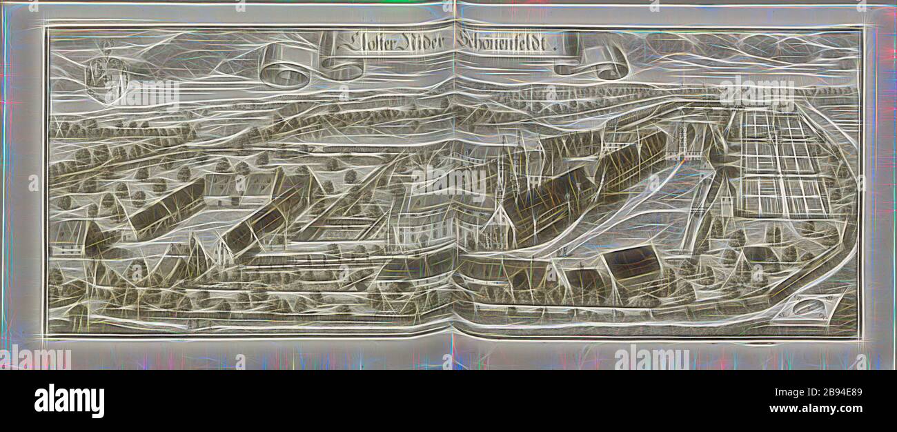 Abbazia di Niederschönenfeld, Kloster Niederschönenfeld in Baviera (Germania), Fig. 159, p. 86, Wening, Michael (del. Et sc.), 1701, Michael Wening: Historico-topografica descrizione. Das ist: Beschreibung, dess Churfürsten- und Hertzogthumbs Ober- und Nidern Bayrn, welches in vier Theil oder Rennt-Aembter, als Oberlands München und Burgkhausen, Underlands aber in Landshuet unnd Straubing abgetheilt ist [...]. Thail 1. München: bey Johann Lucas Straub, gemma: Lobl. Landtschafft Buchtruckern, anno M.DCCI. [1701], Reimagined by Gibon, disegno di calda e allegra luce di luminosità e di radianza di raggi di luce Foto Stock