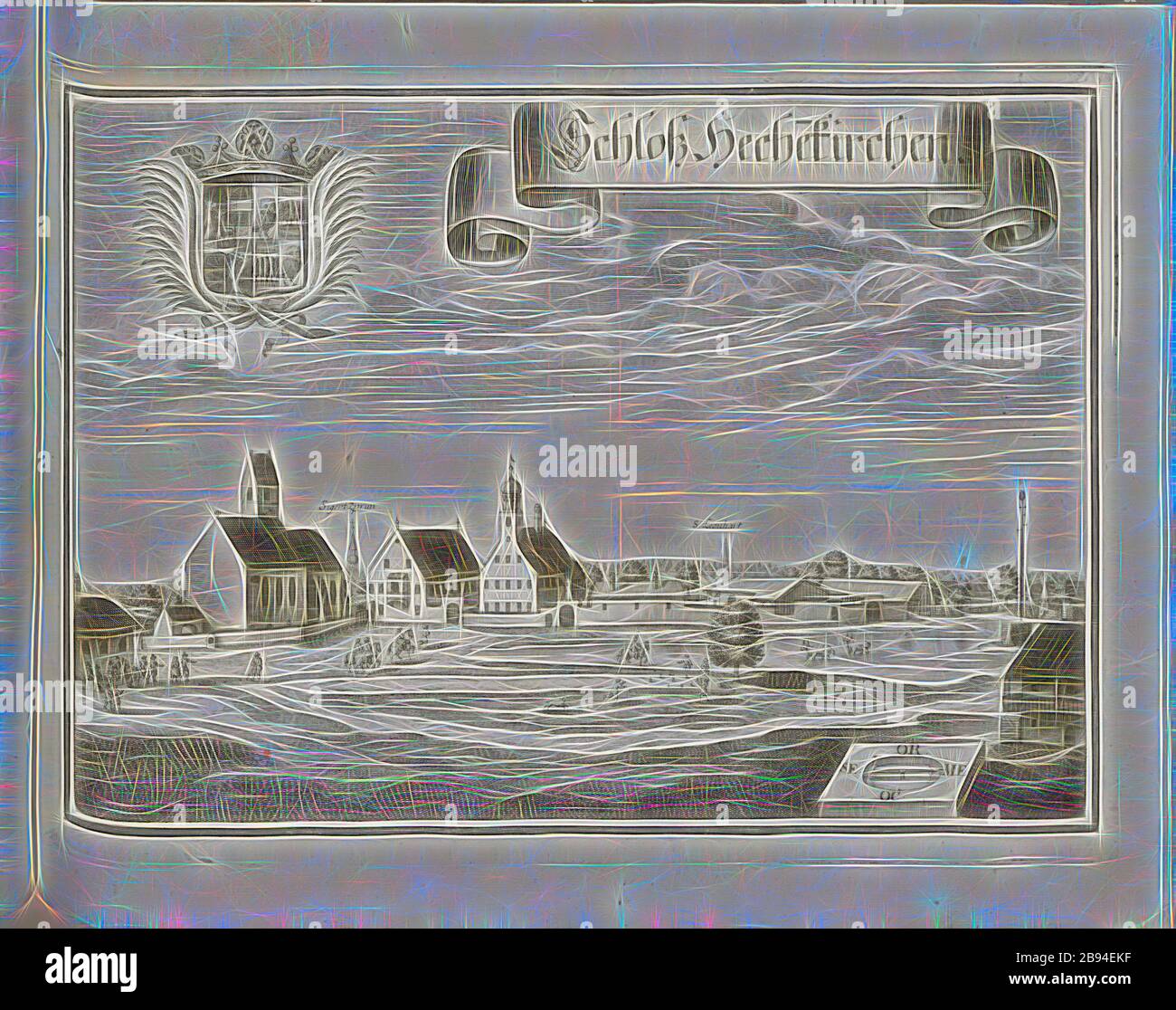 Castello di Hechenkirchen, Castello di Höhenkirchen in Baviera (Germania), Fig. 186, p. 102, Wening, Michael (del. Et sc.), 1701, Michael Wening: Historico-topografica descrizione. Das ist: Beschreibung, dess Churfürsten- und Hertzogthumbs Ober- und Nidern Bayrn, welches in vier Theil oder Rennt-Aembter, als Oberlands München und Burgkhausen, Underlands aber in Landshuet unnd Straubing abgetheilt ist [...]. Thail 1. München: bey Johann Lucas Straub, gemma: Lobl. Landtschafft Buchtruckern, anno M.DCCI. [1701], Reimagined by Gibon, disegno di calda e allegra luce di luminosità e di radianza di raggi di luce. Classico Foto Stock