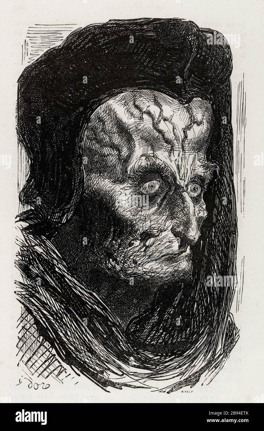 William Tournebouche, Rubricquateur Capitolo, ha imparato l'uomo. Illustrazione per Honoré de Balzac, The Tales comical, Parigi: General Society Library, 1855 (rating: R8 ° Cc1405) Gustave Doré (1832-1883), dessinateur et Paul Riault (XIXème siècle), graveur. "Guillaume Tournebousche, Rubricquateur du Chapitre, homme docte." Illustrazione pour Honoré de Balzac, 'Les Contes drolatiques', Parigi : Société générale de librairie, 1855'. Gravure sur bois. Parigi, Maison de Balzac. Foto Stock