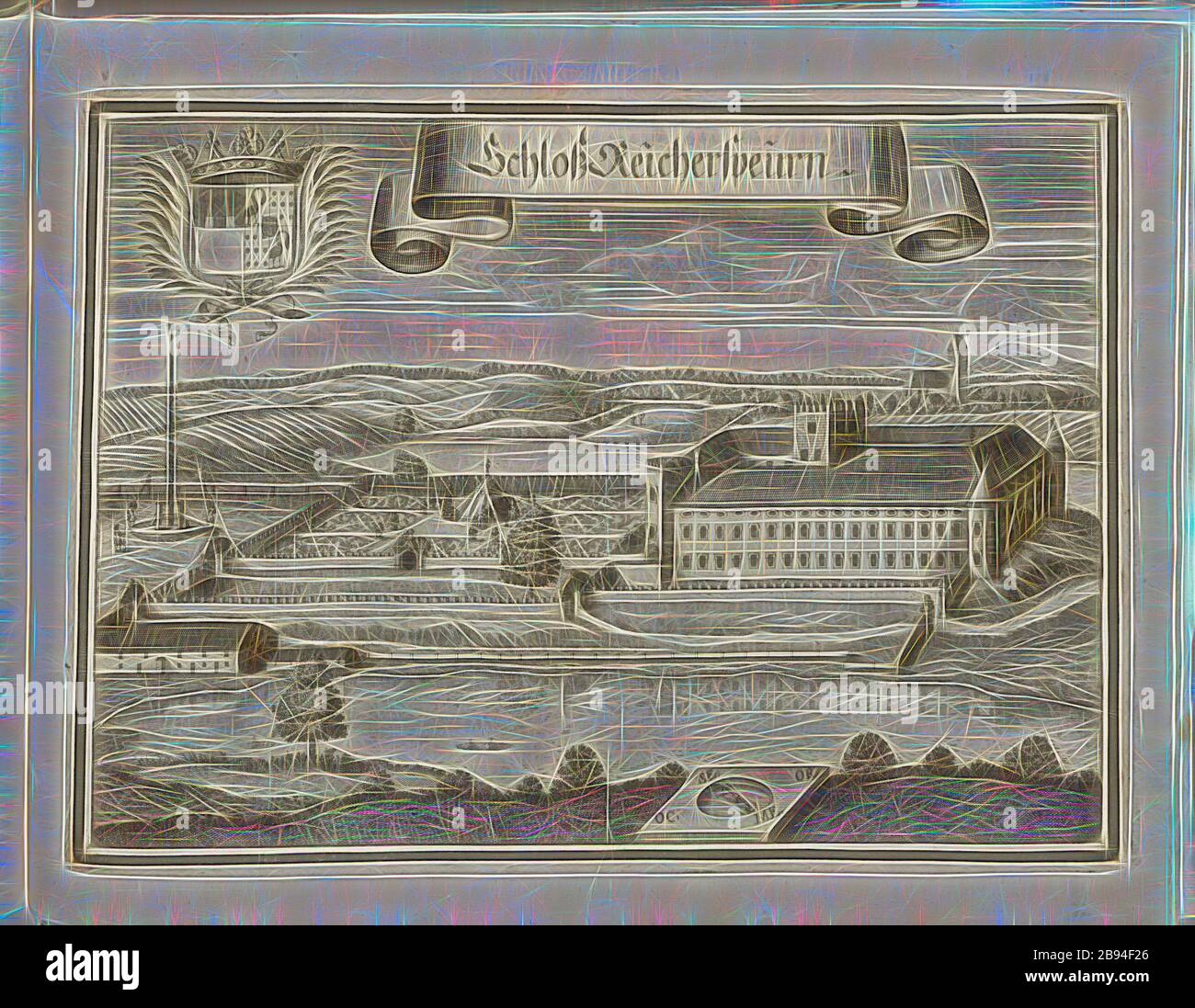 Castello Reichersbeuern, Castello Reichersbeuern in Baviera (Germania), Fig. 254, p. 130, Wening, Michael (del. Et sc.), 1701, Michael Wening: Historico-topografica descrizione. Das ist: Beschreibung, dess Churfürsten- und Hertzogthumbs Ober- und Nidern Bayrn, welches in vier Theil oder Rennt-Aembter, als Oberlands München und Burgkhausen, Underlands aber in Landshuet unnd Straubing abgetheilt ist [...]. Thail 1. München: bey Johann Lucas Straub, gemma: Lobl. Landtschafft Buchtruckern, anno M.DCCI. [1701], Reimagined by Gibon, disegno di calda e allegra luce di luminosità e di radianza di raggi di luce. CLA Foto Stock