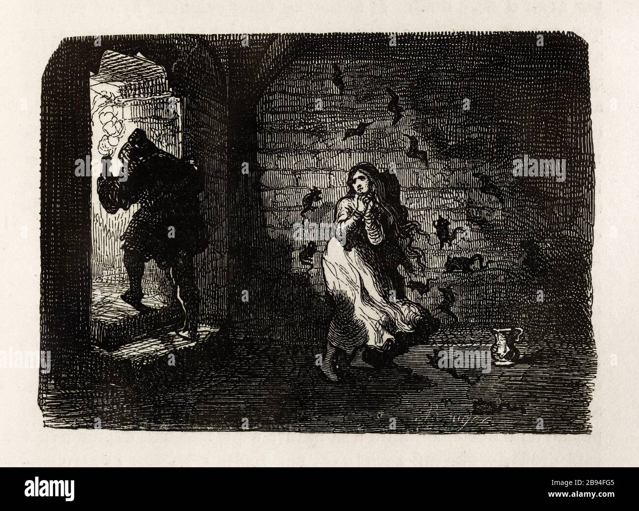 La prigione. Illustrazione per Honoré de Balzac, The Tales comical, Parigi: General Society Library, 1855 (rating: R8 ° Cc1405) Gustave Doré (1832-1883), dessinateur et François Rouget (1811-1886), graveur. "Le cachot." Illustrazione pour Honoré de Balzac, 'Les Contes drolatiques', Parigi : Société générale de librairie, 1855'. Gravure sur bois. Parigi, Maison de Balzac. Foto Stock