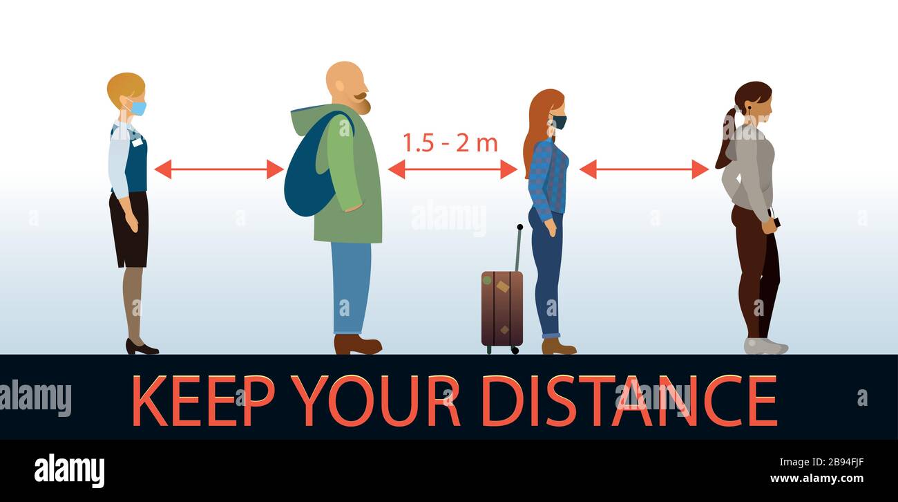 Distanza sociale, persone che tengono la distanza per il rischio di infezione e le malattie, per prevenire il virus Covid-19. Concetto di poster di assistenza sanitaria Illustrazione Vettoriale
