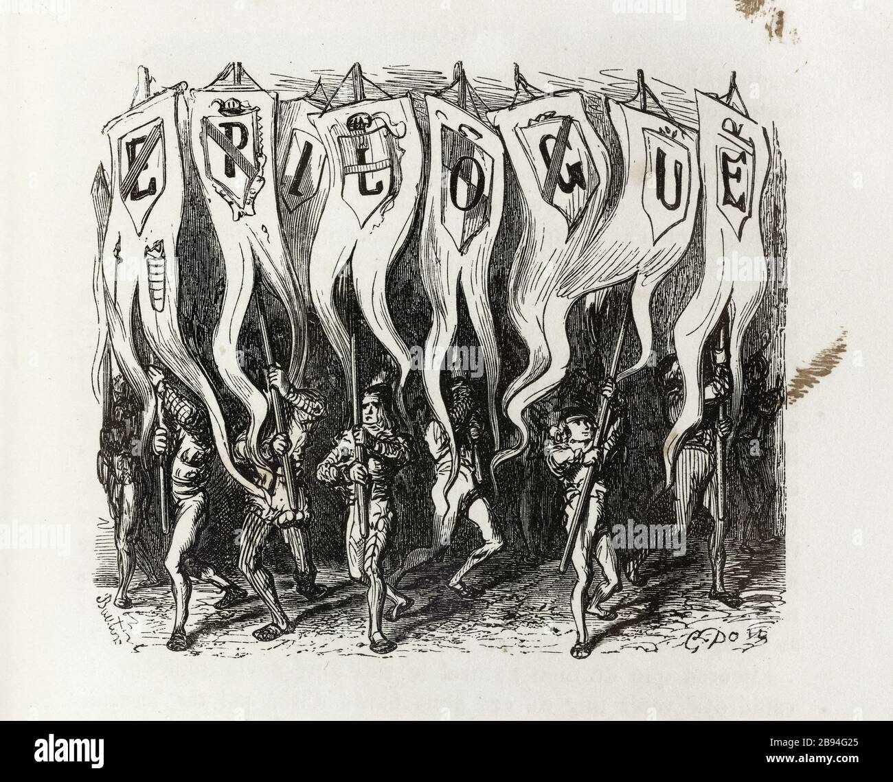 Le bandiere. Illustrazione per Honoré de Balzac, The Tales comical, Parigi: General Society Library, 1855 (rating: R8 ° Cc1405) Gustave Doré (1832-1883), dessinateur et César Bouton (1824-1885), graveur. "Les bannières." Illustrazione pour Honoré de Balzac, 'Les Contes drolatiques', Parigi : Société générale de librairie, 1855'. Gravure sur bois. Parigi, Maison de Balzac. Foto Stock