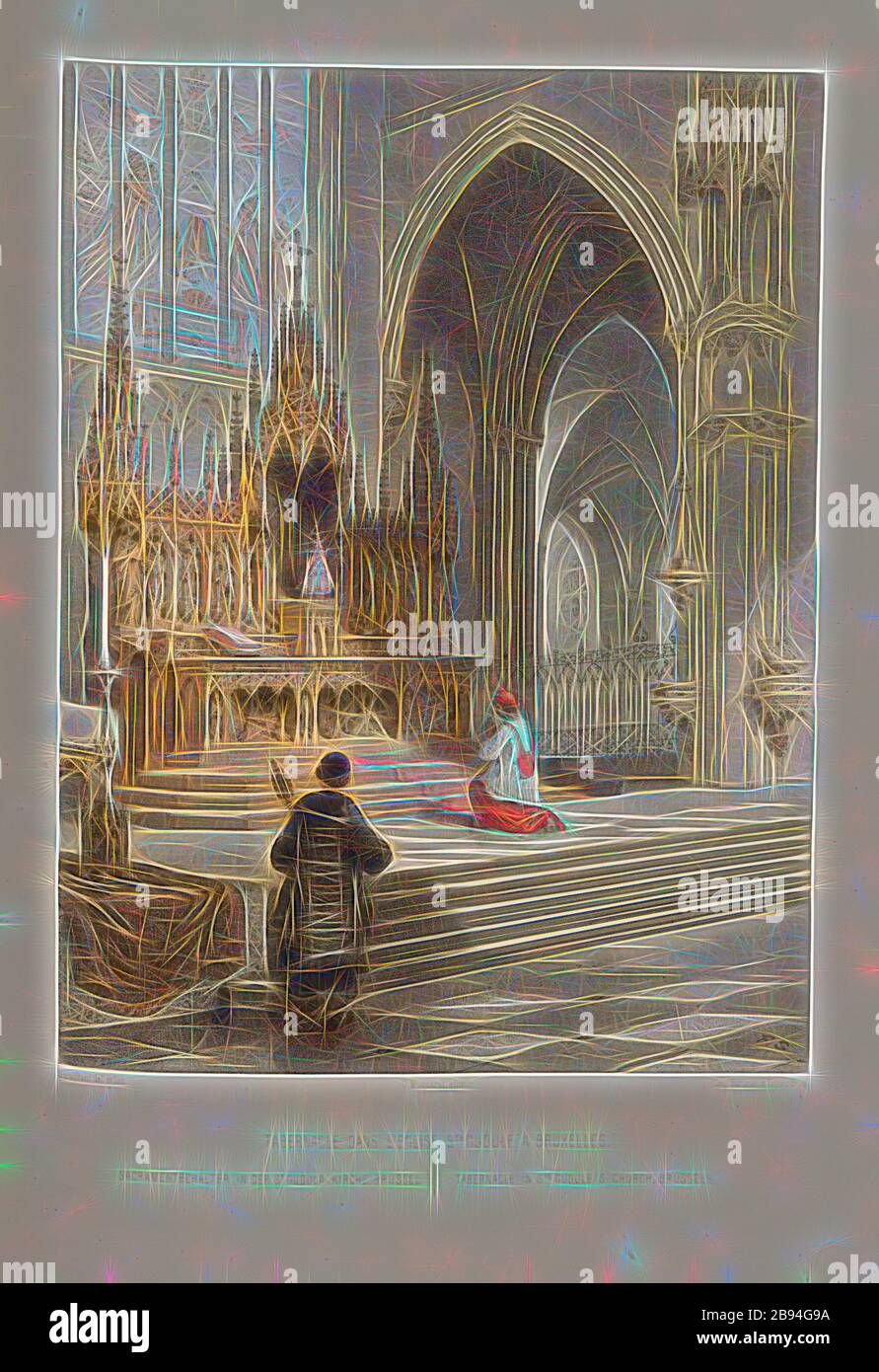 Tabernacolo nella chiesa di S. Guidulo a Bruxelles, Tabernacolo nella Cattedrale di San Michele e San Gudula a Bruxelles, firmato: F. Stroobant del. Et lith, Muquart éditeur, Imp. Simonau & Toovey, fig. 3, Stroobant, F. (del. Et lith.), Simonau et Toovey (imp.), Muquart (éd.), François Stroobant, F. Stappaerts: Le Brabant et les Flandres: Monumenti d'architettura et de scultura. Parigi: Delaroche, Pilon et Comp., [1857], Reimagined by Gibon, design di calda allegra luce di luminosità e raggi di luce radianti. Arte classica reinventata con un tocco moderno. Fotografia ispirata al futurismo, abbracciando il dyn Foto Stock