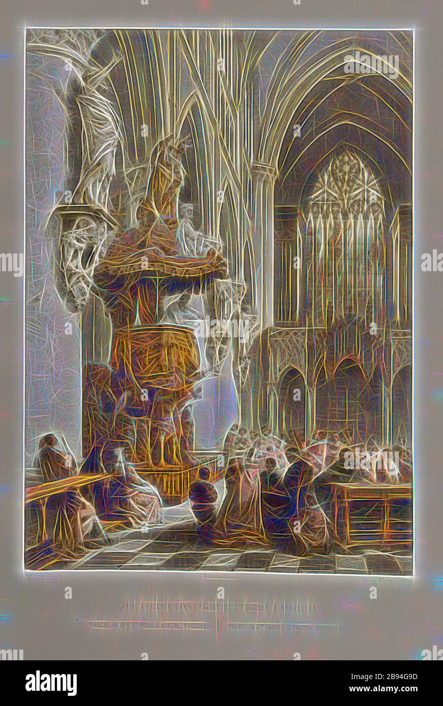 Cattedra per predicare nella chiesa di S. Guidule a Bruxelles, pulpito nella Cattedrale di San Michele e San Gudula a Bruxelles, firmato: F. Stroobant del. Et lith, Muquart éditeur, Imp. Simonau & Toovey, fig. 4, Stroobant, F. (del. Et lith.), Simonau et Toovey (imp.), Muquart (éd.), François Stroobant, F. Stappaerts: Le Brabant et les Flandres: Monumenti d'architettura et de scultura. Parigi: Delaroche, Pilon et Comp., [1857], Reimagined by Gibon, design di calda allegra luce di luminosità e raggi di luce radianti. Arte classica reinventata con un tocco moderno. Fotografia ispirata al futurismo, l'embracina Foto Stock